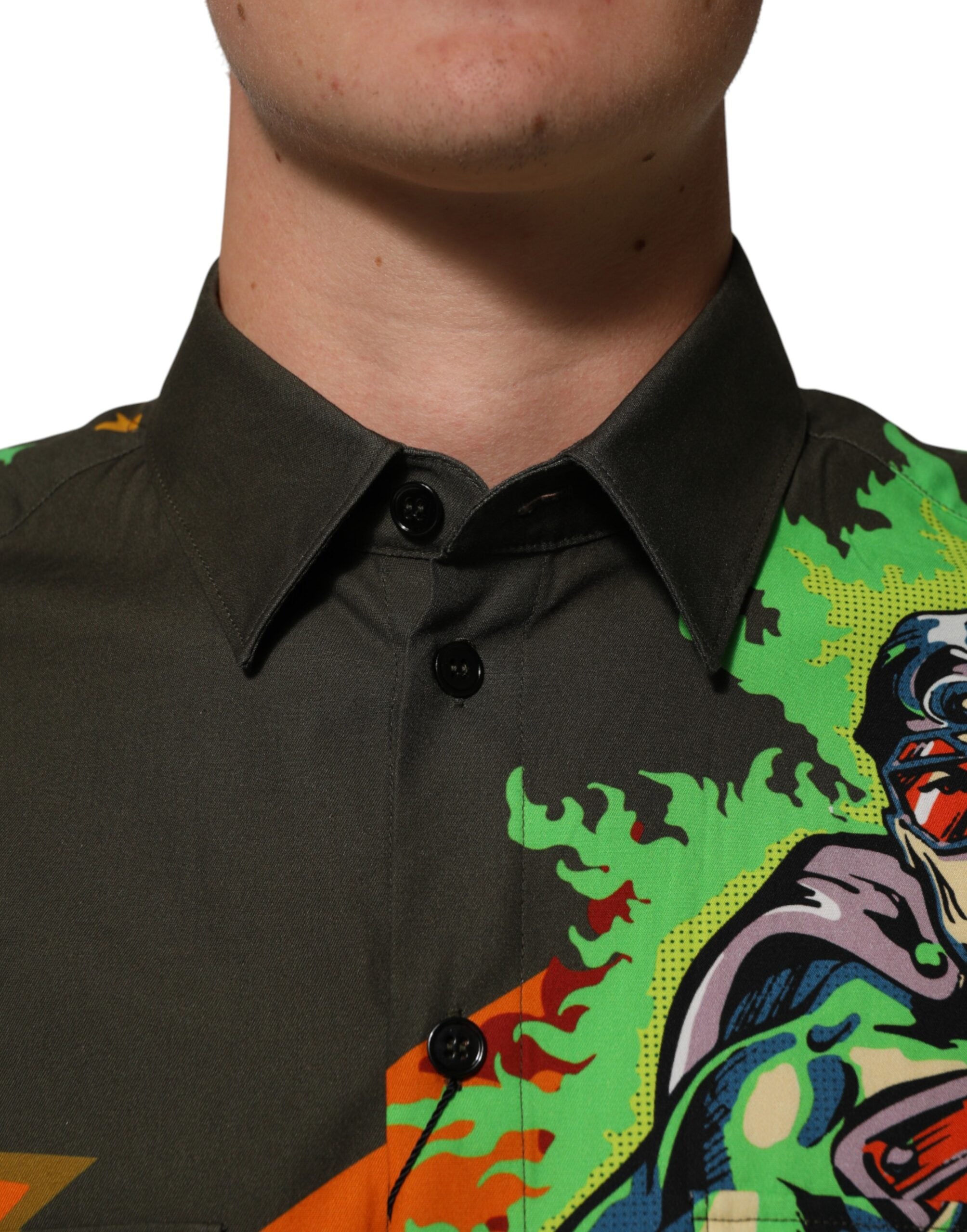 Dolce & Gabbana Green Superhero Print Button Down Men's Shirt