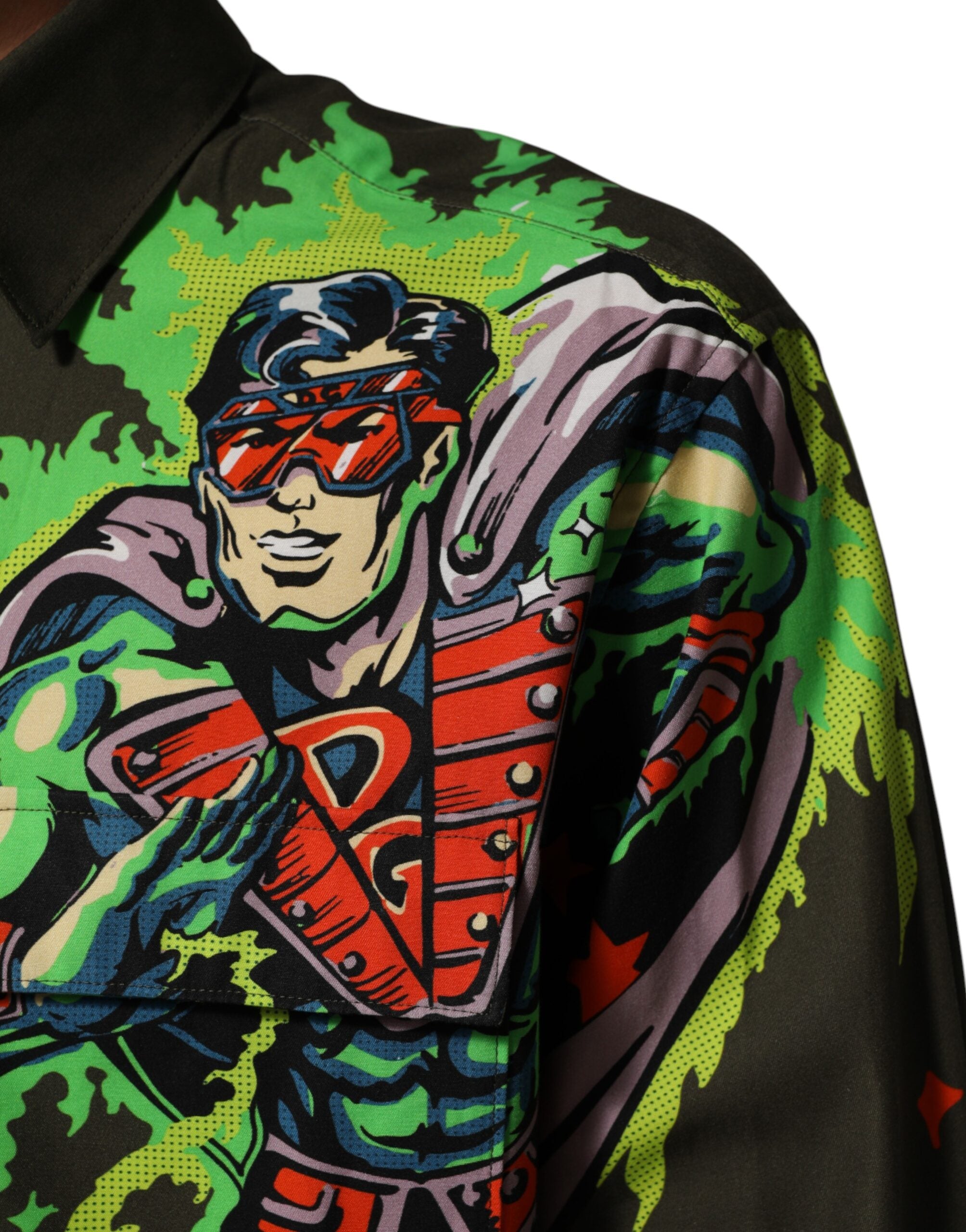 Dolce & Gabbana Green Superhero Print Button Down Men's Shirt