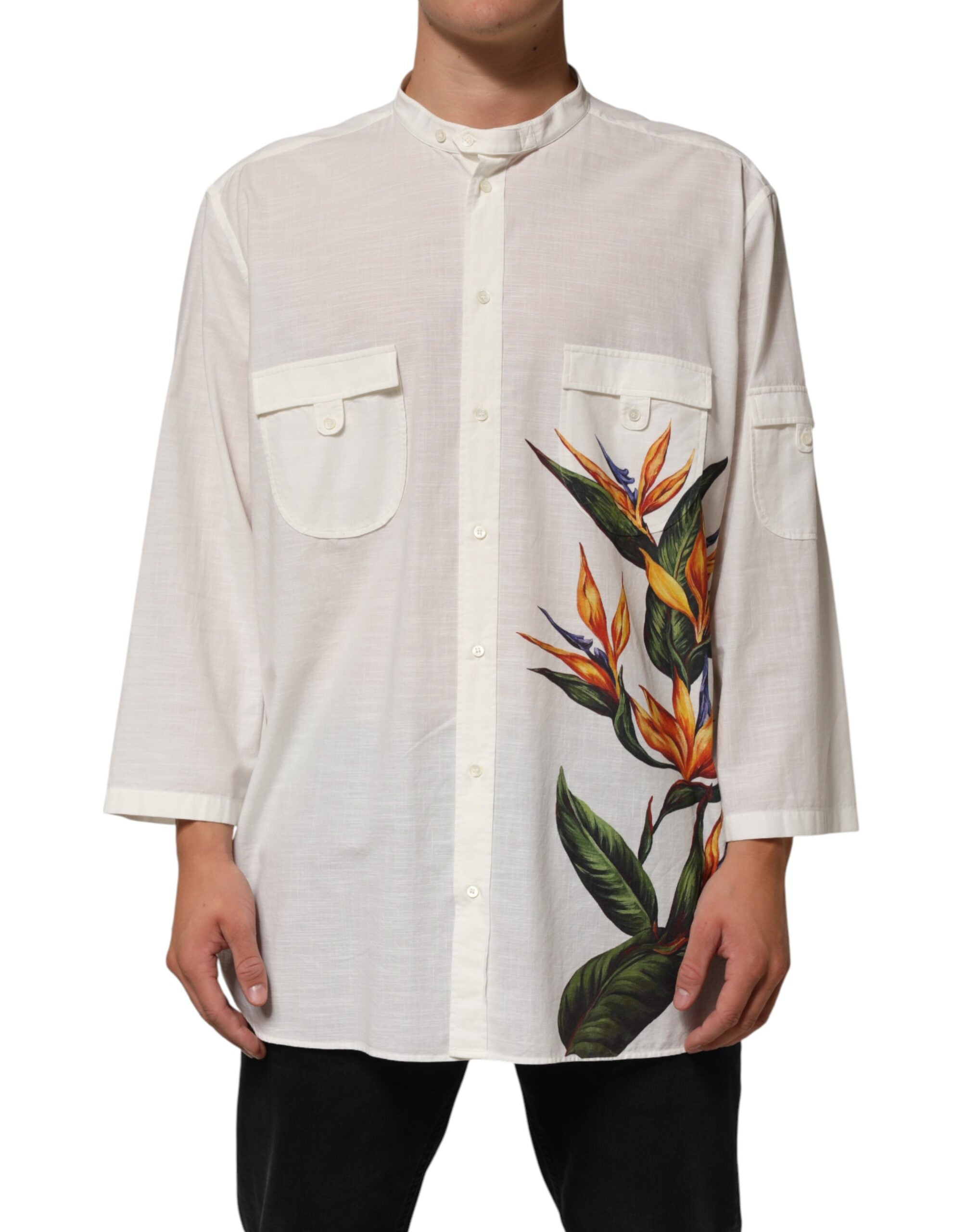 Dolce & Gabbana White Cotton Floral Print Button Down Men's Shirt