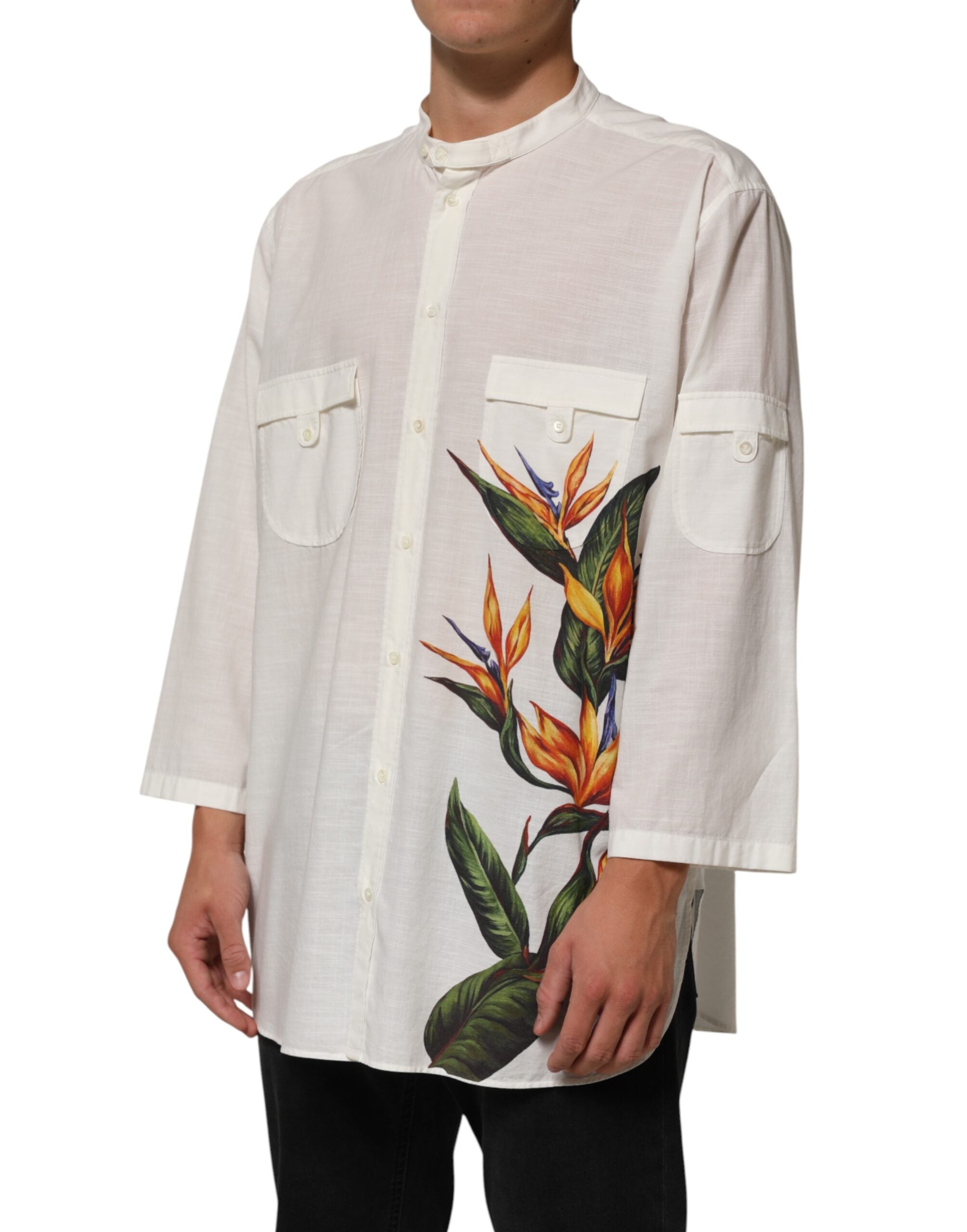 Dolce & Gabbana White Cotton Floral Print Button Down Men's Shirt