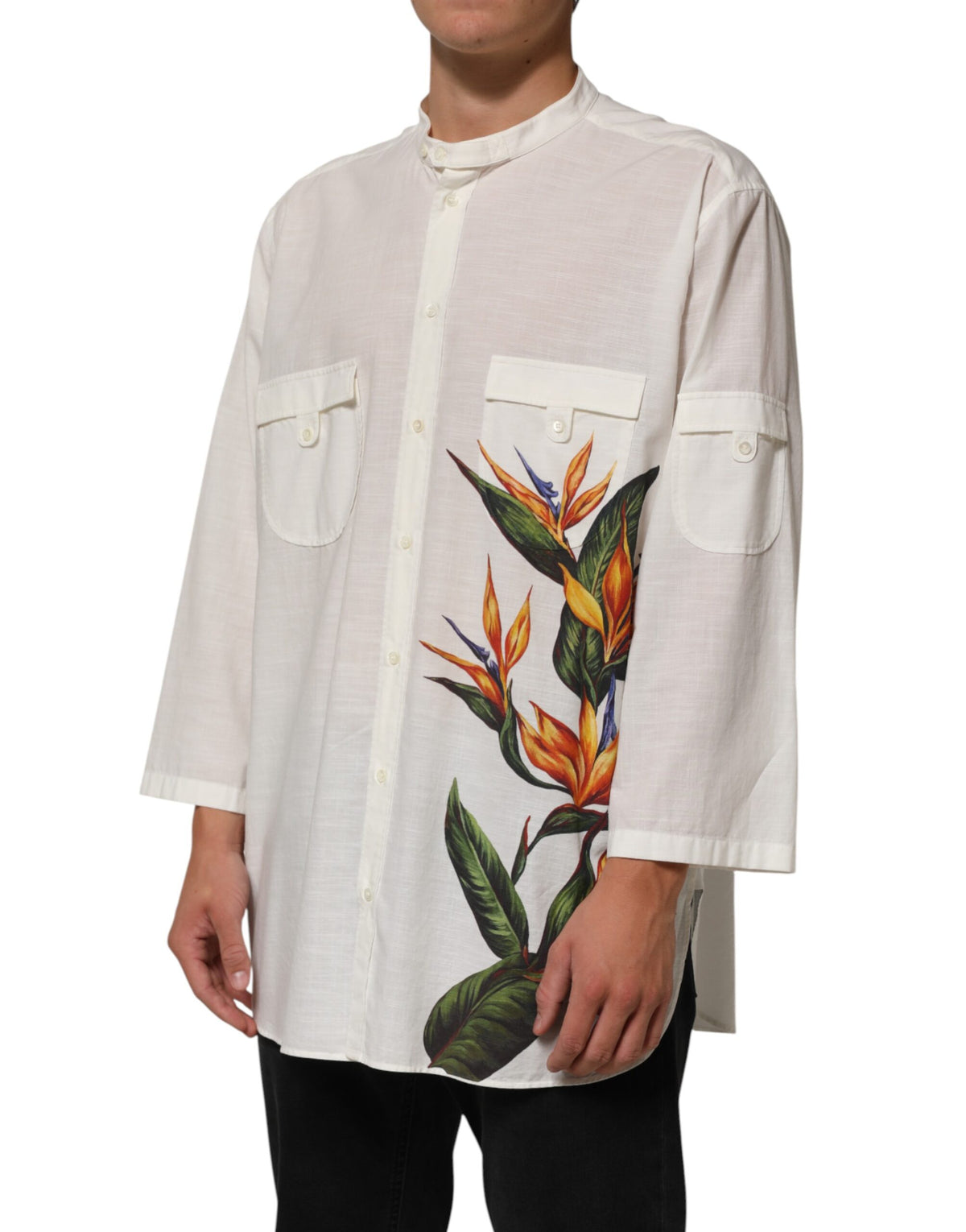 Dolce & Gabbana White Cotton Floral Print Button Down Men's Shirt