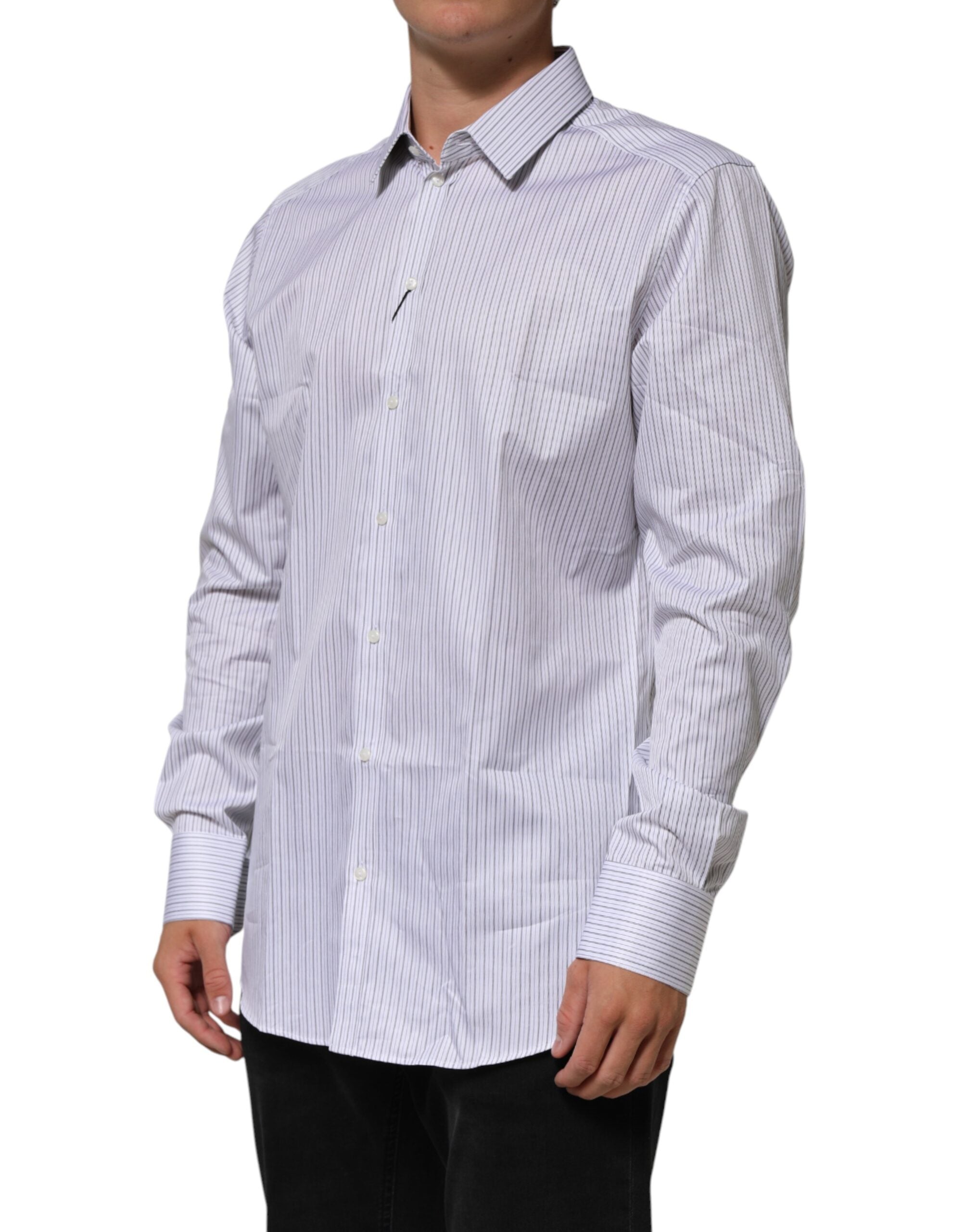 Dolce & Gabbana White Stripes Cotton Men GOLD Dress Men's Shirt (Pre-Owned)