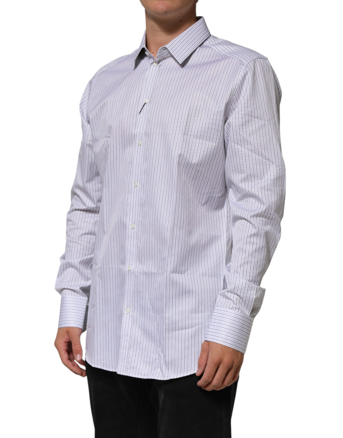 Dolce & Gabbana White Stripes Cotton Men GOLD Dress Men's Shirt (Pre-Owned)