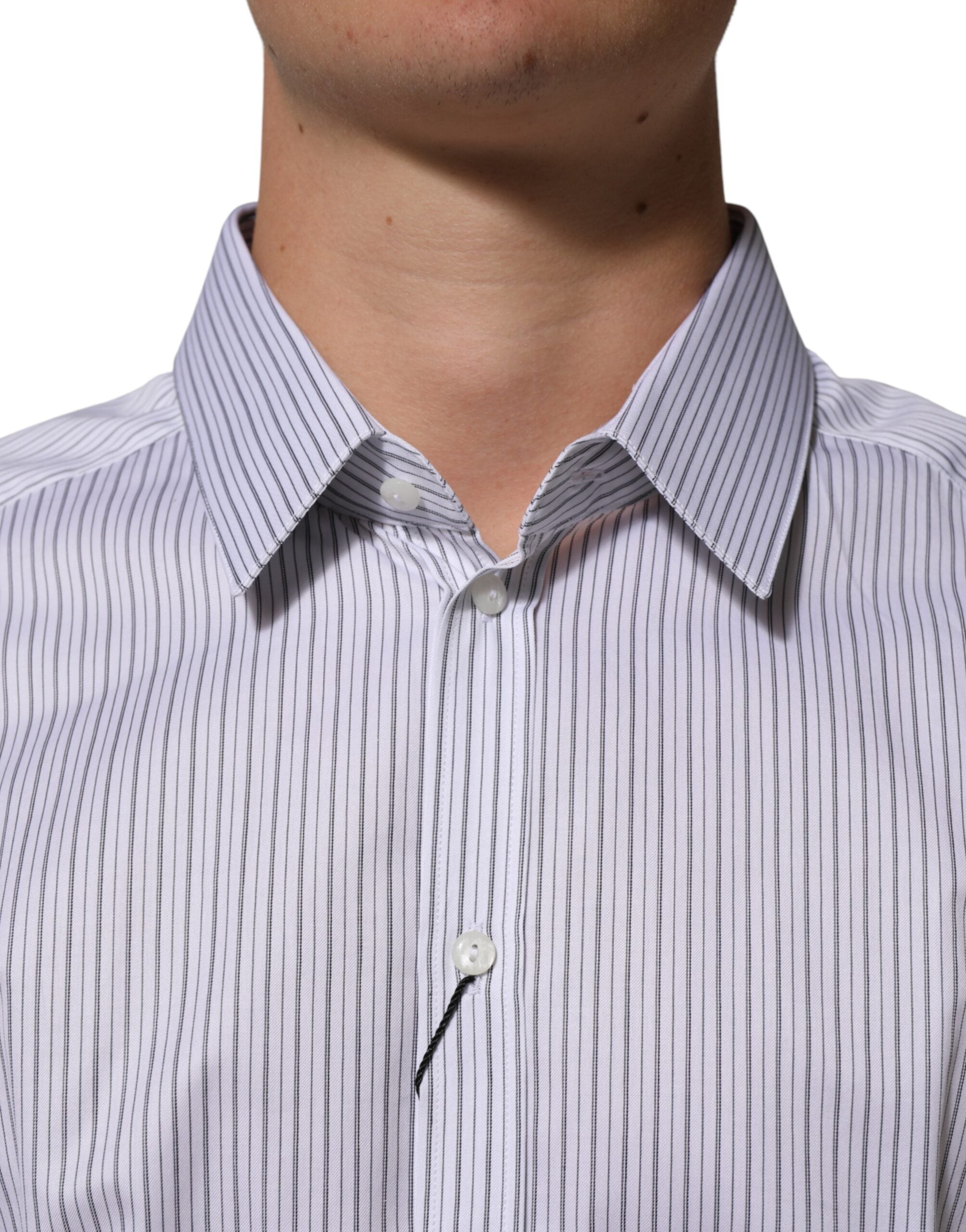 Dolce & Gabbana White Stripes Cotton Men GOLD Dress Men's Shirt (Pre-Owned)