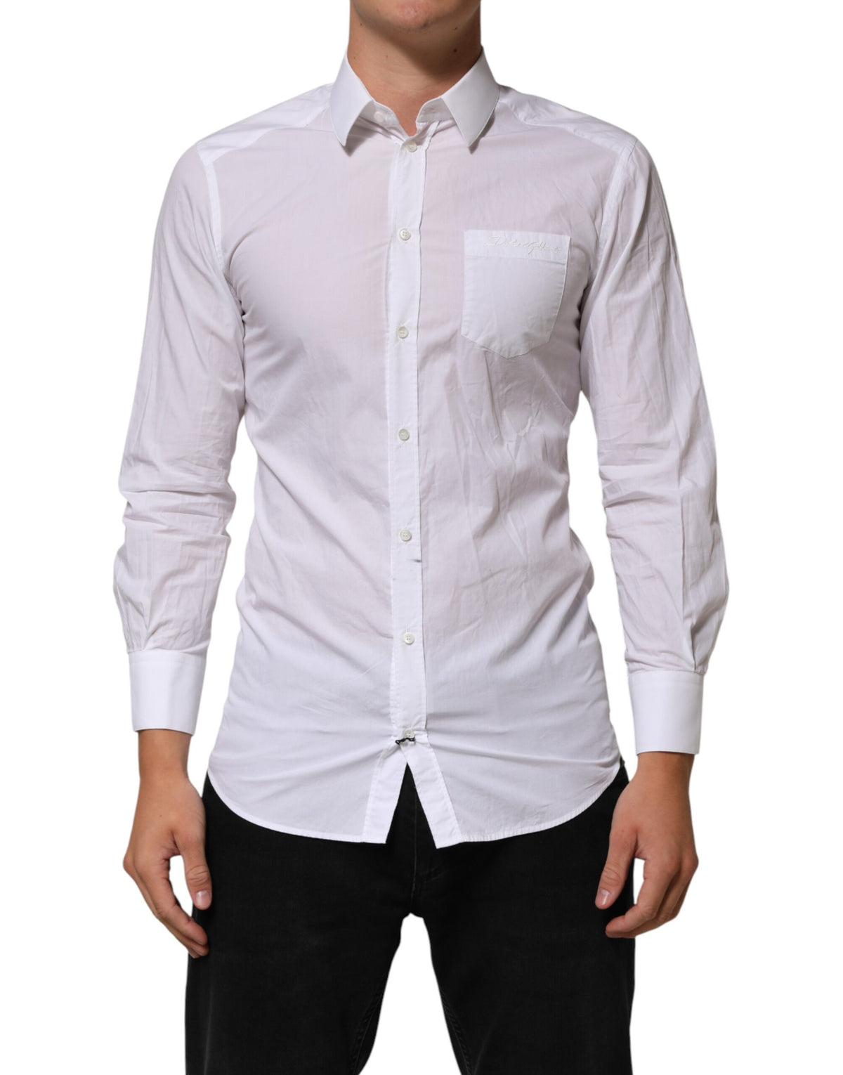 Dolce & Gabbana White Cotton Collared Men GOLD Dress Men's Shirt (Pre-Owned)