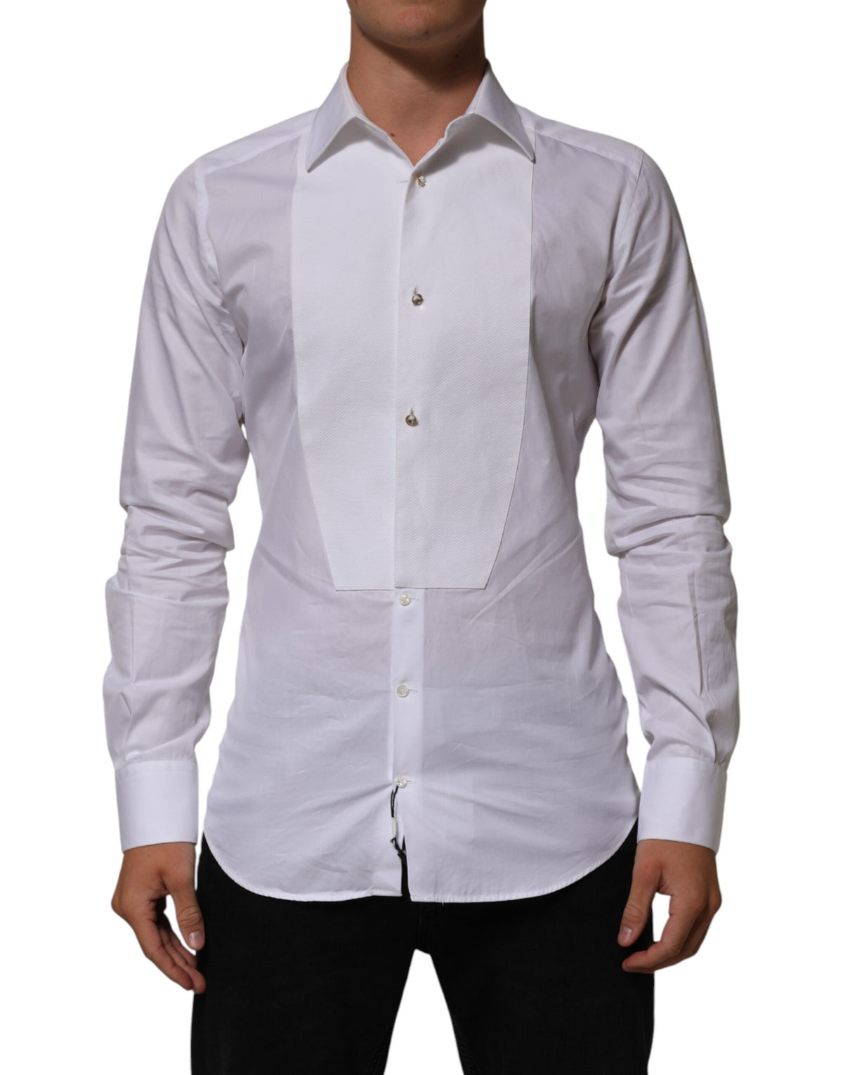 Dolce & Gabbana White Cotton Collared Bib GOLD Dress Men's Shirt (Pre-Owned)
