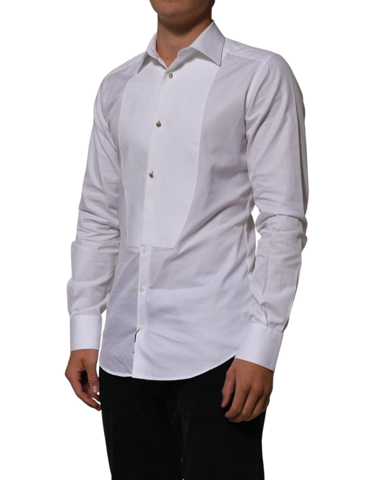 Dolce & Gabbana White Cotton Collared Bib GOLD Dress Men's Shirt (Pre-Owned)