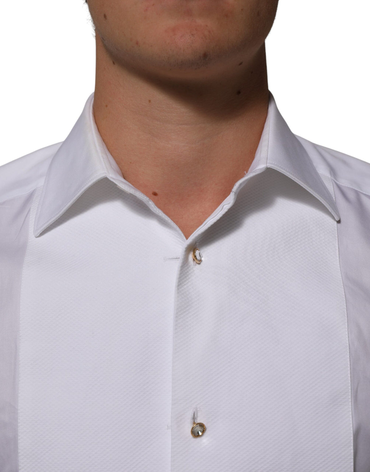Dolce & Gabbana White Cotton Collared Bib GOLD Dress Men's Shirt (Pre-Owned)