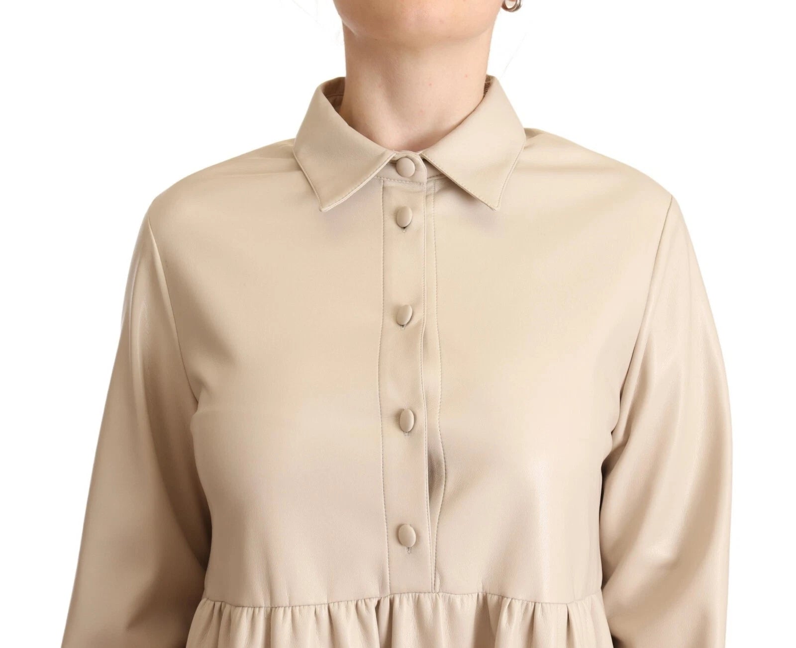 Jucca Leather Beige Long Sleeves Collared A-line Mini Women's Dress (Pre-Owned)