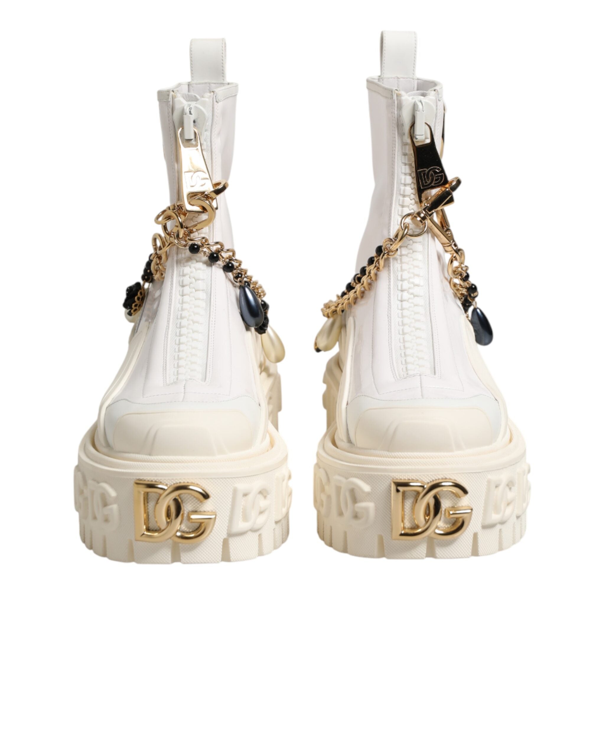 Dolce & Gabbana White Leather Rubber Logo Ankle Boots Women's Shoes