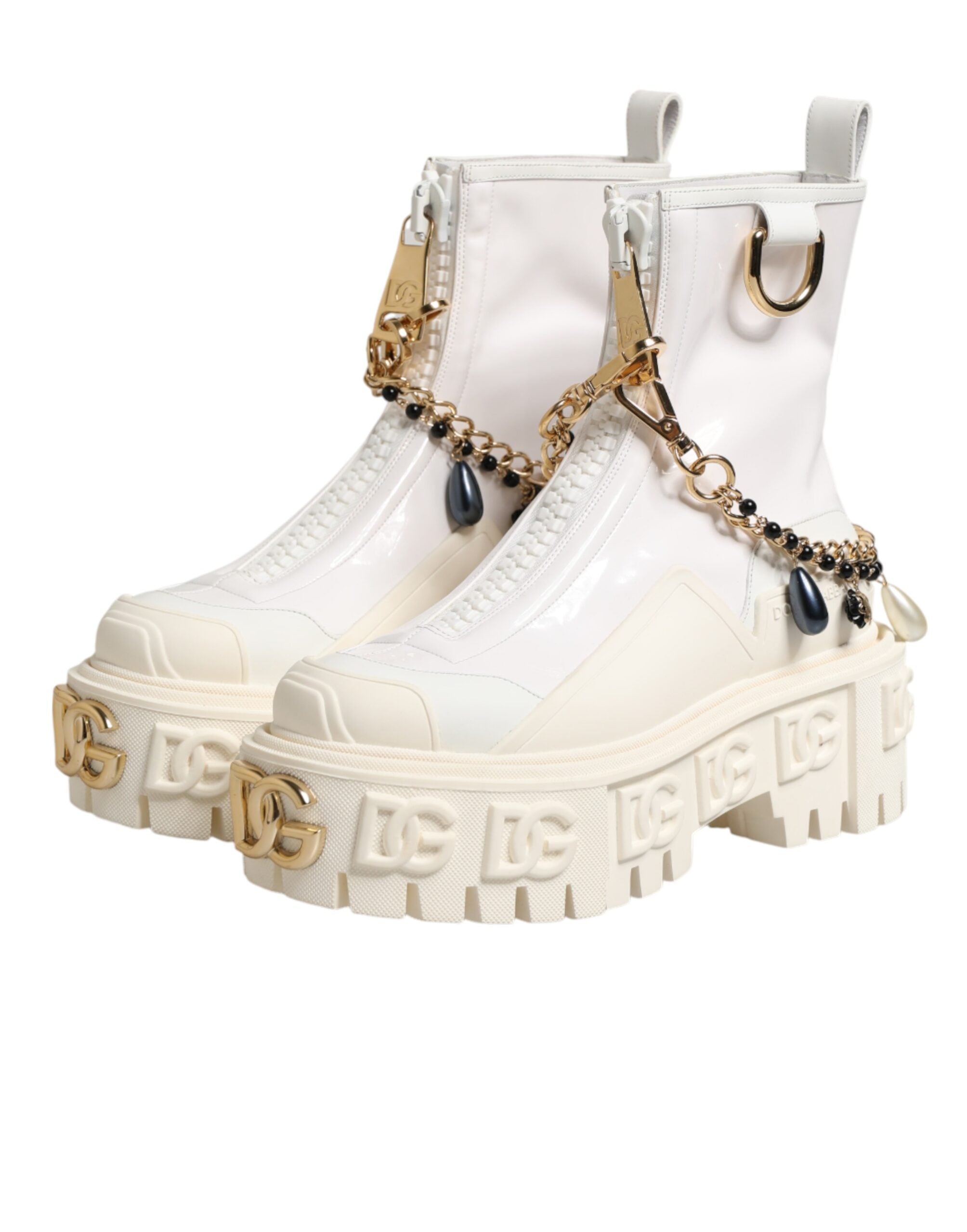 Dolce & Gabbana White Leather Rubber Logo Ankle Boots Women's Shoes