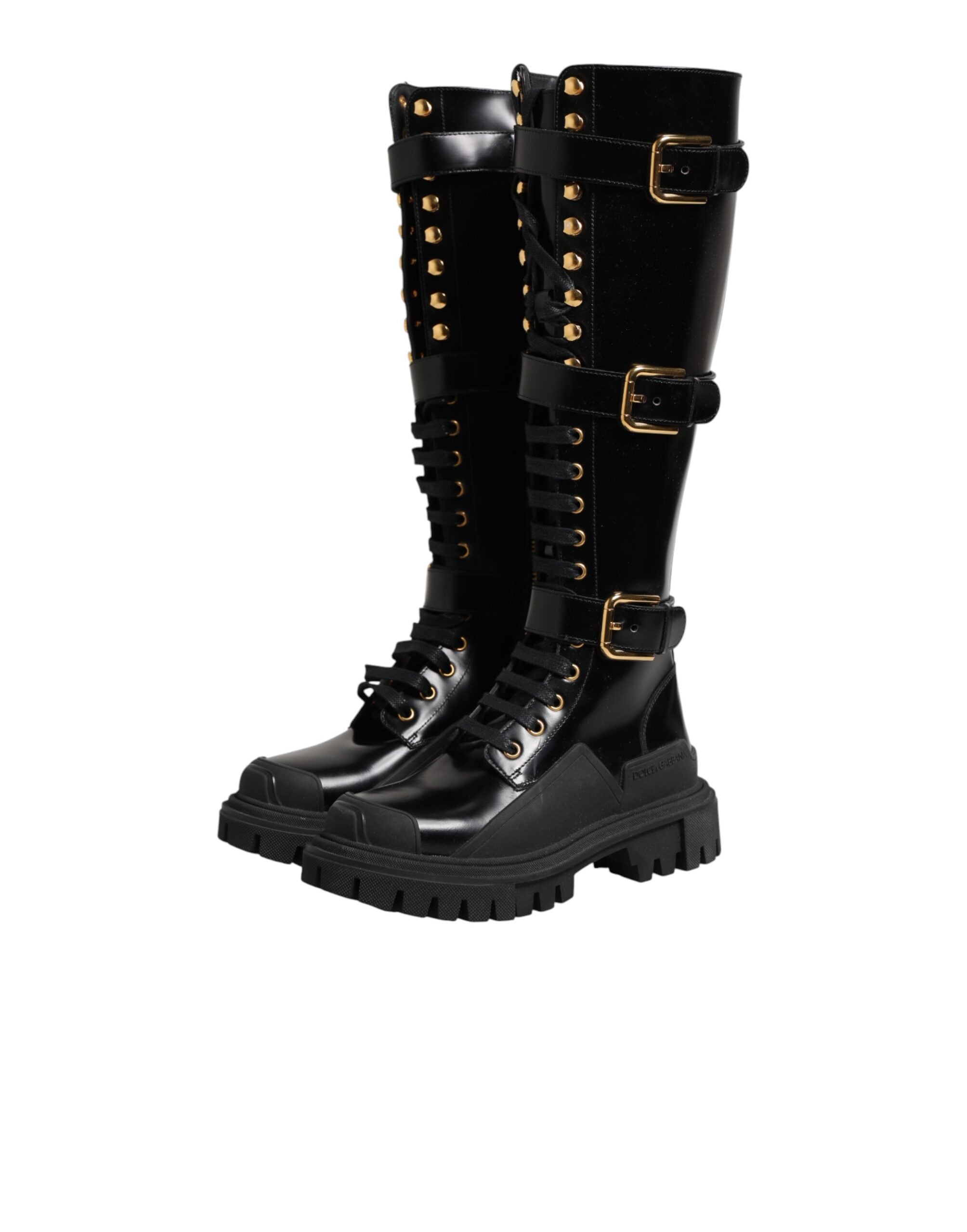 Dolce & Gabbana Black Buckle Embellished Knee High Boots Women's Shoes (Pre-Owned)
