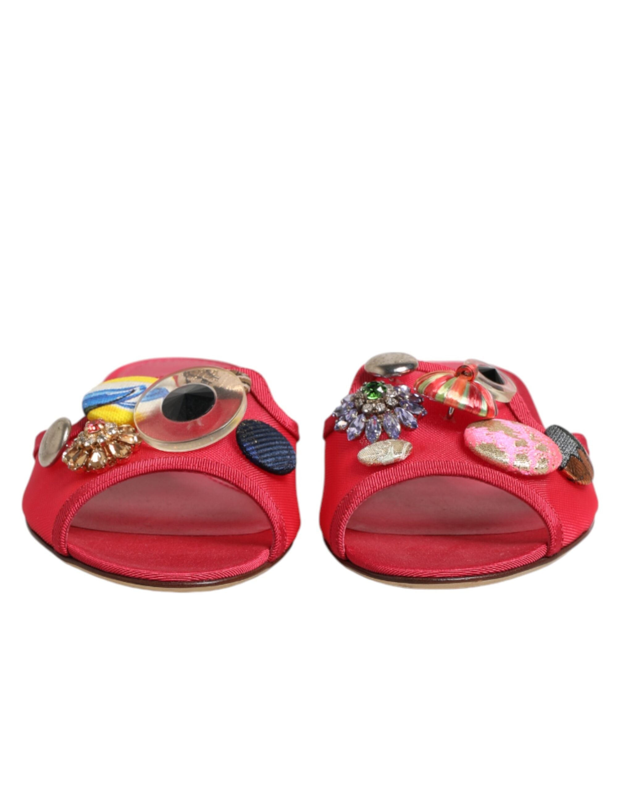 Dolce & Gabbana Red Embellished Flats Slip On Sandals Women's Shoes