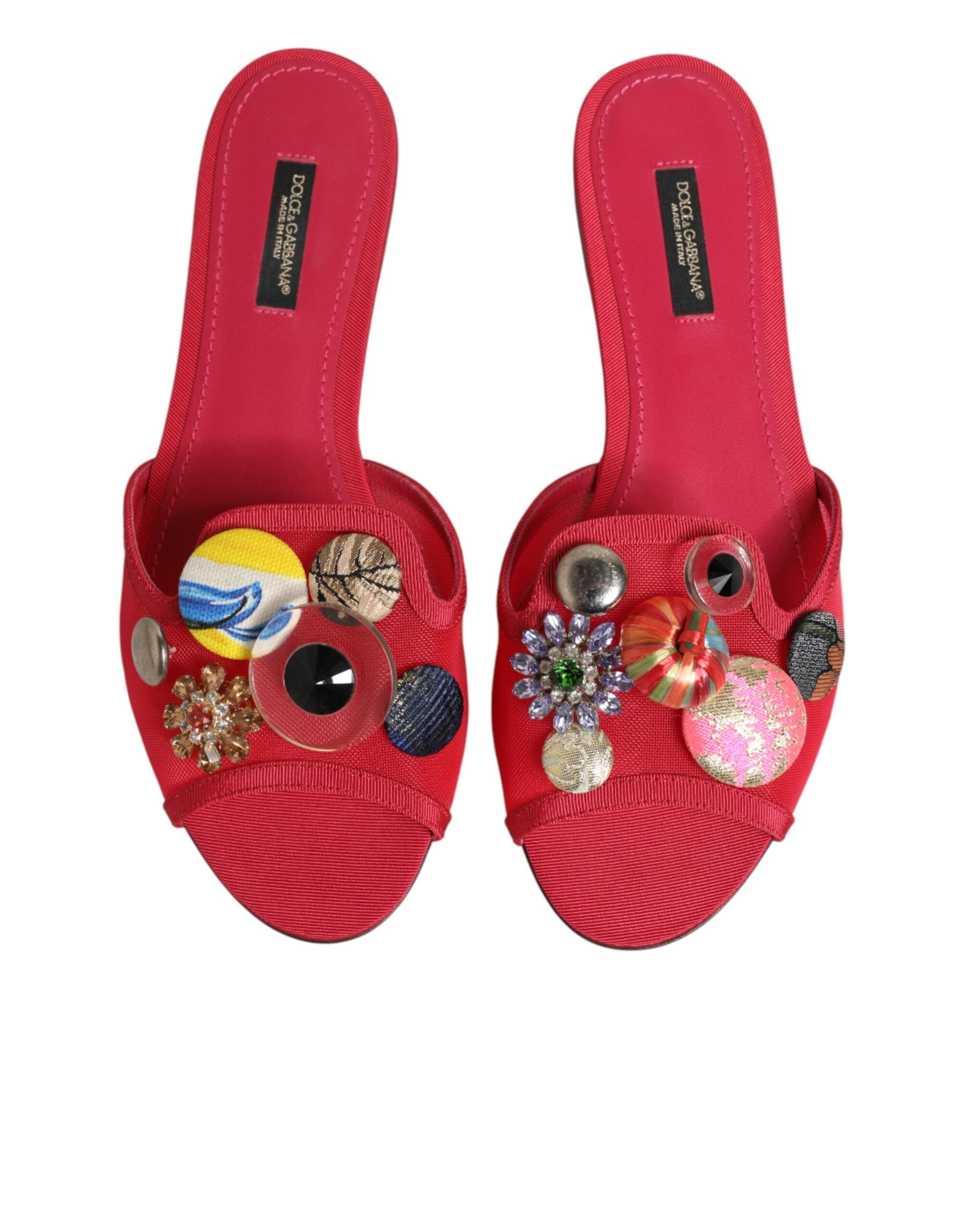 Dolce & Gabbana Red Embellished Flats Slip On Sandals Women's Shoes