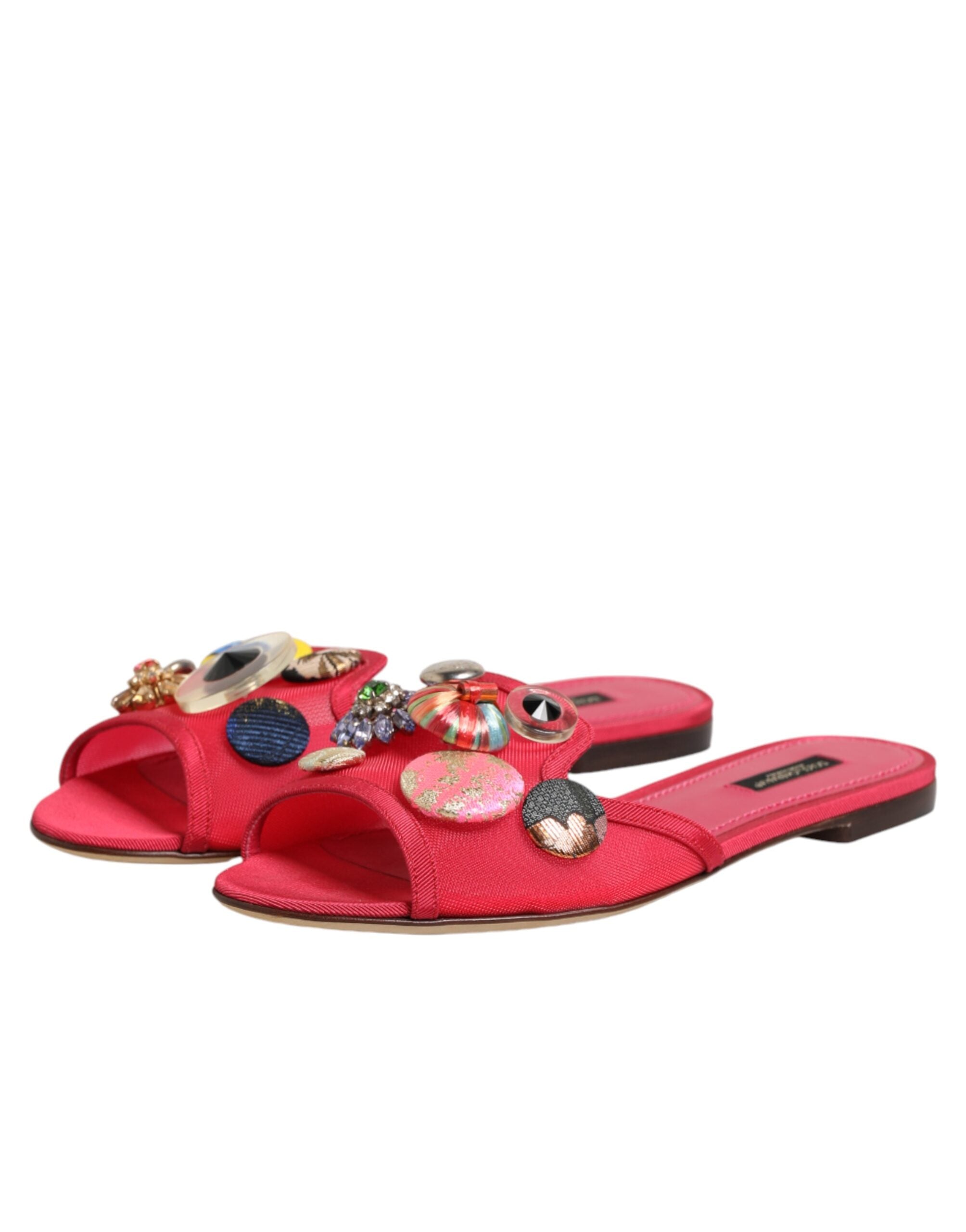 Dolce & Gabbana Red Embellished Flats Slip On Sandals Women's Shoes