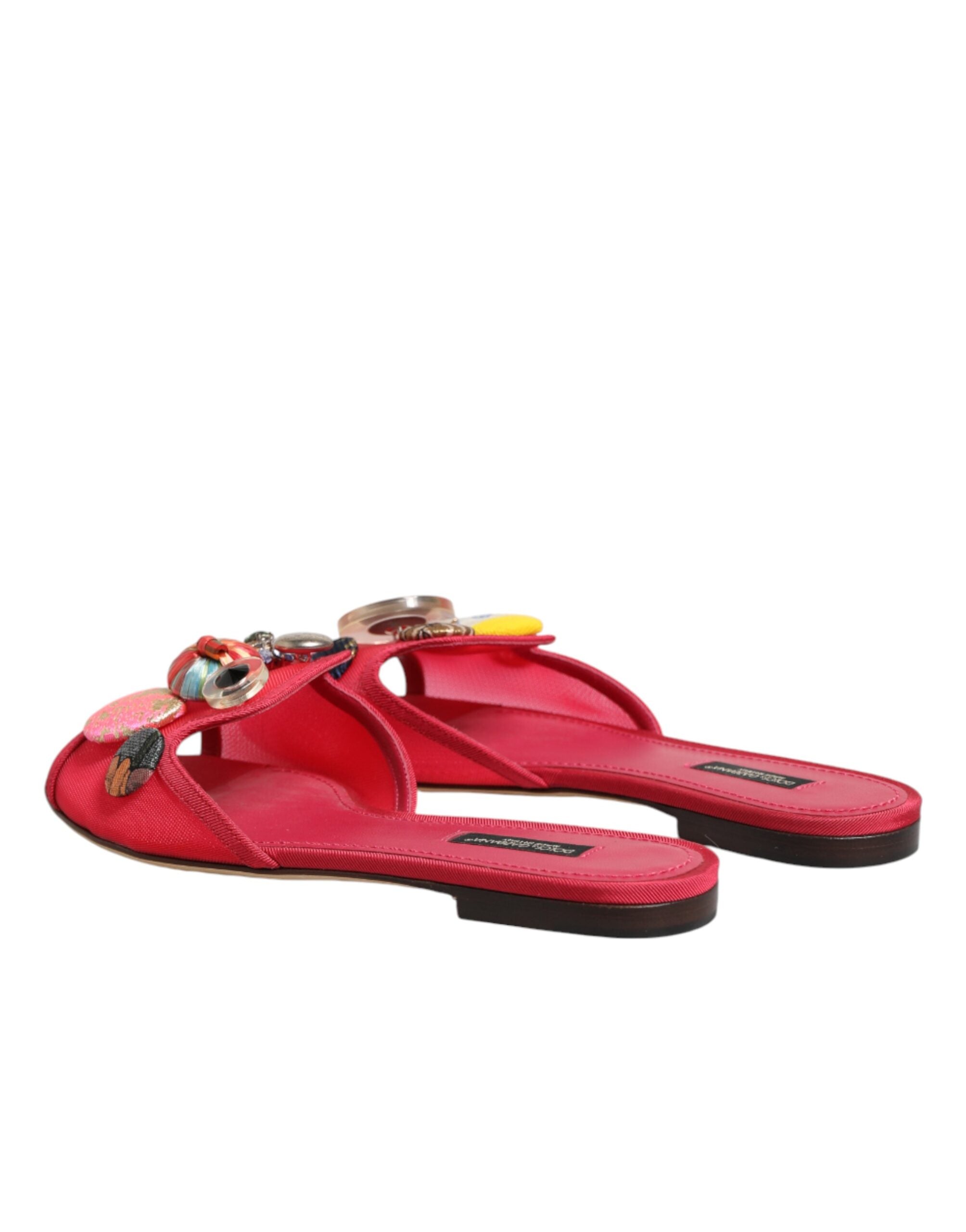 Dolce & Gabbana Red Embellished Flats Slip On Sandals Women's Shoes