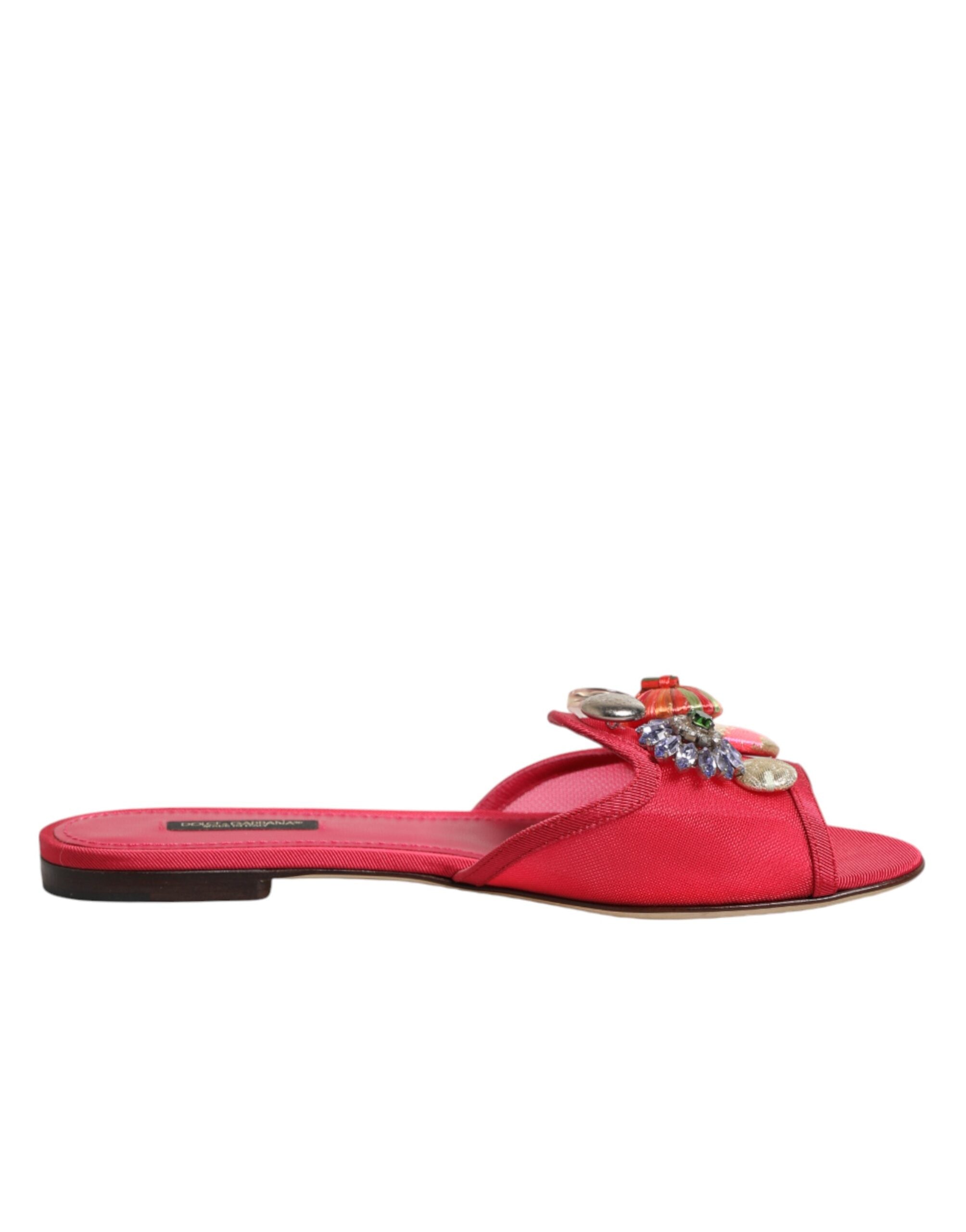 Dolce & Gabbana Red Embellished Flats Slip On Sandals Women's Shoes