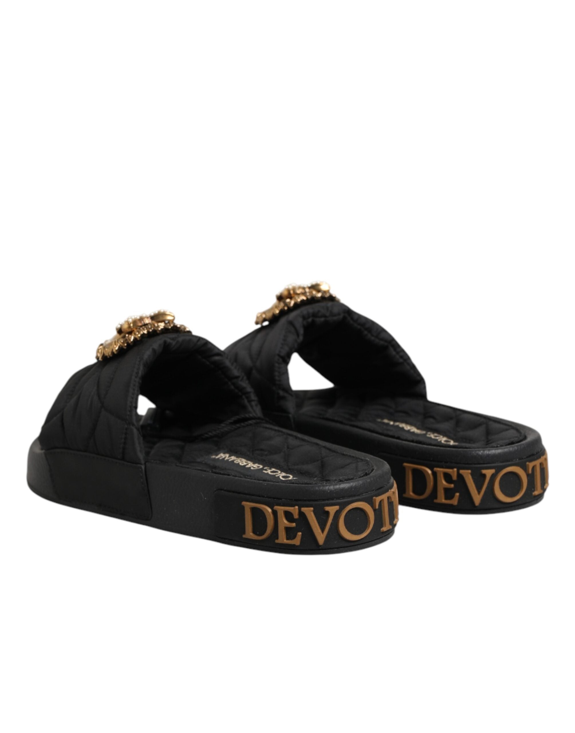 Dolce & Gabbana Black Devotion Matelassé Leather Slides Women's Shoes