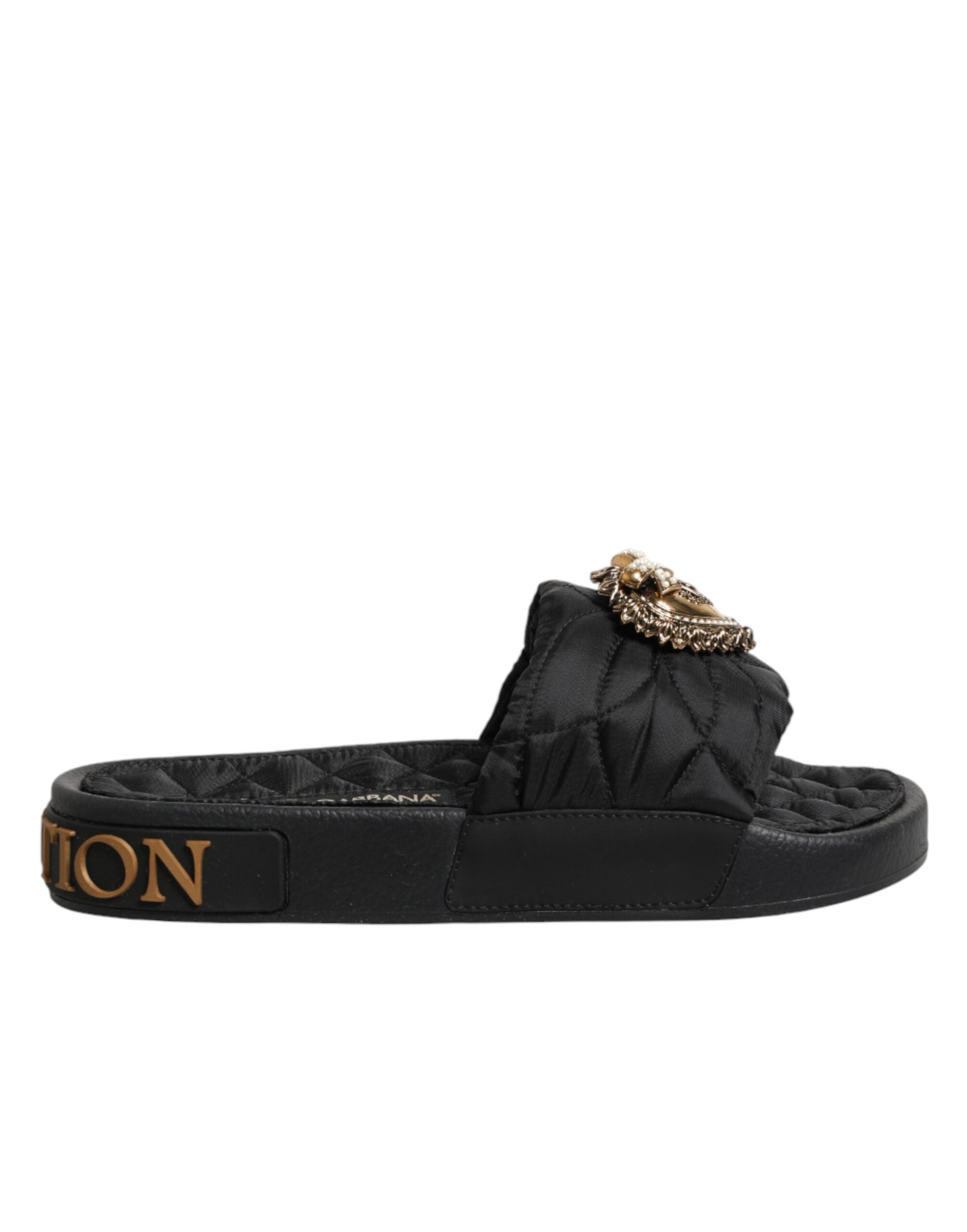Dolce & Gabbana Black Devotion Matelassé Leather Slides Women's Shoes