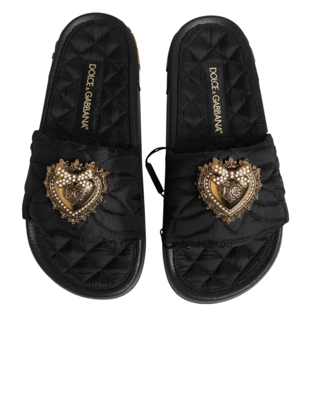 Dolce & Gabbana Black Devotion Matelassé Leather Slides Women's Shoes