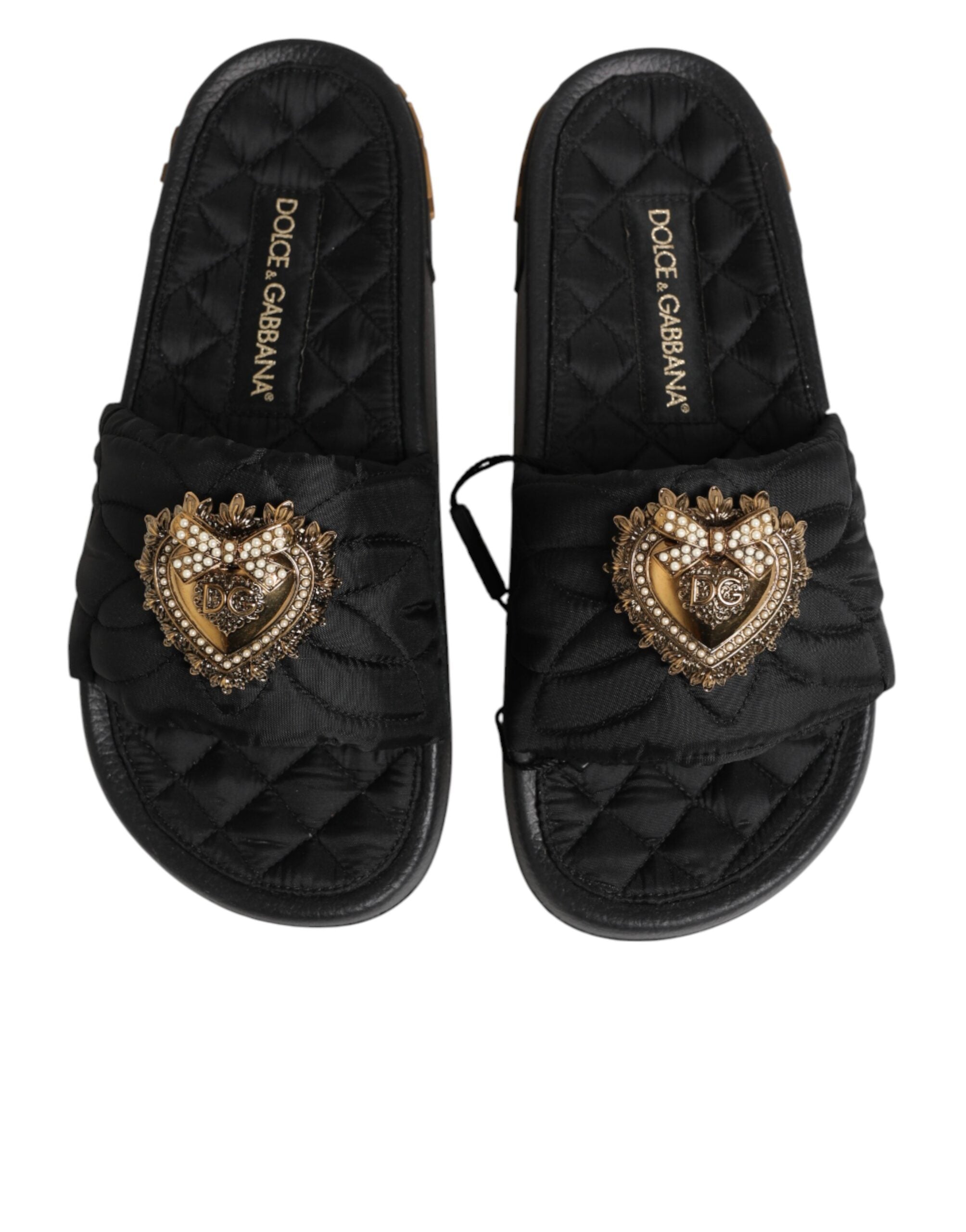 Dolce & Gabbana Black Devotion Matelassé Leather Slides Women's Shoes