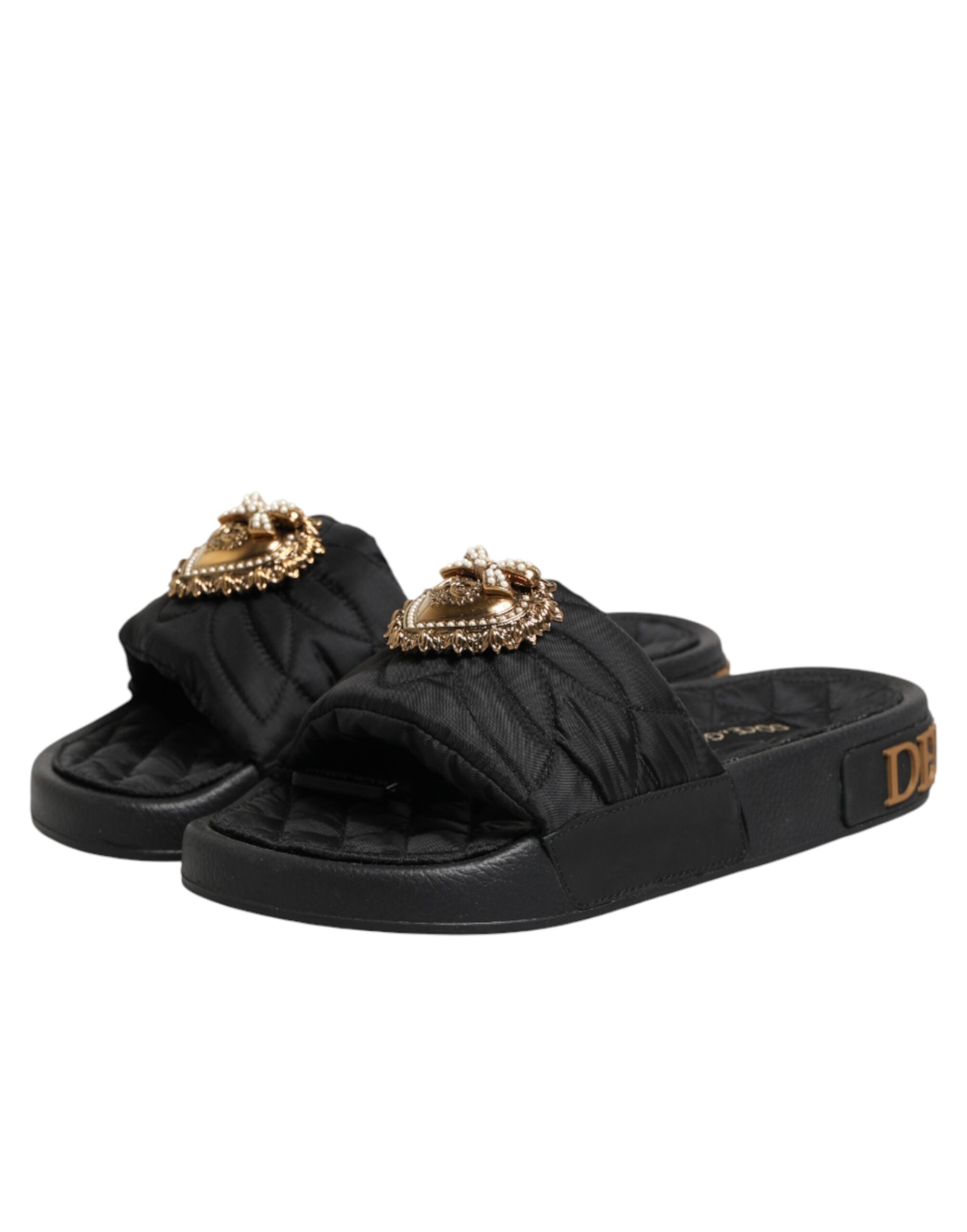 Dolce & Gabbana Black Devotion Matelassé Leather Slides Women's Shoes