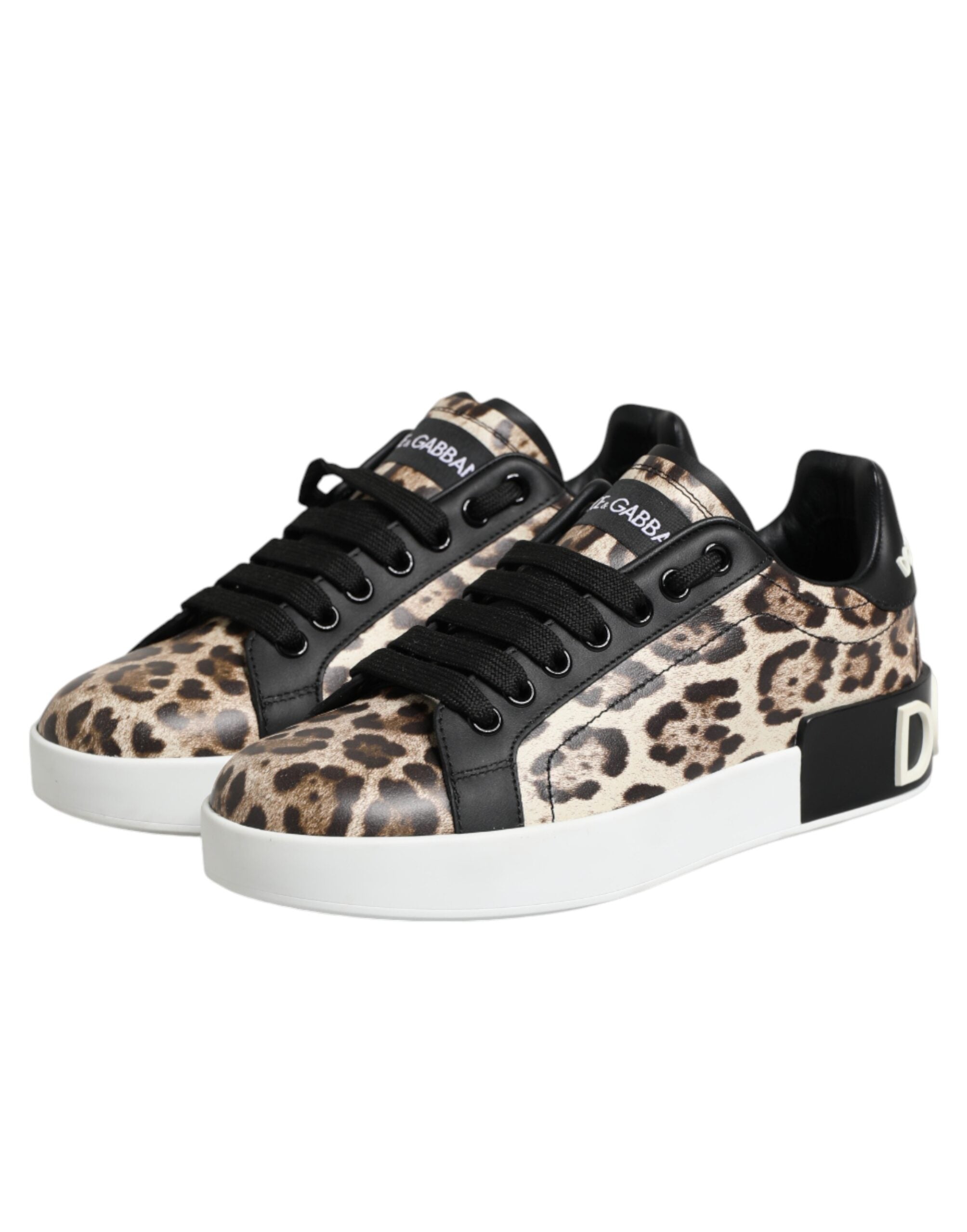 Dolce & Gabbana Brown Leather Leopard Low Top Sneakers Women's Shoes