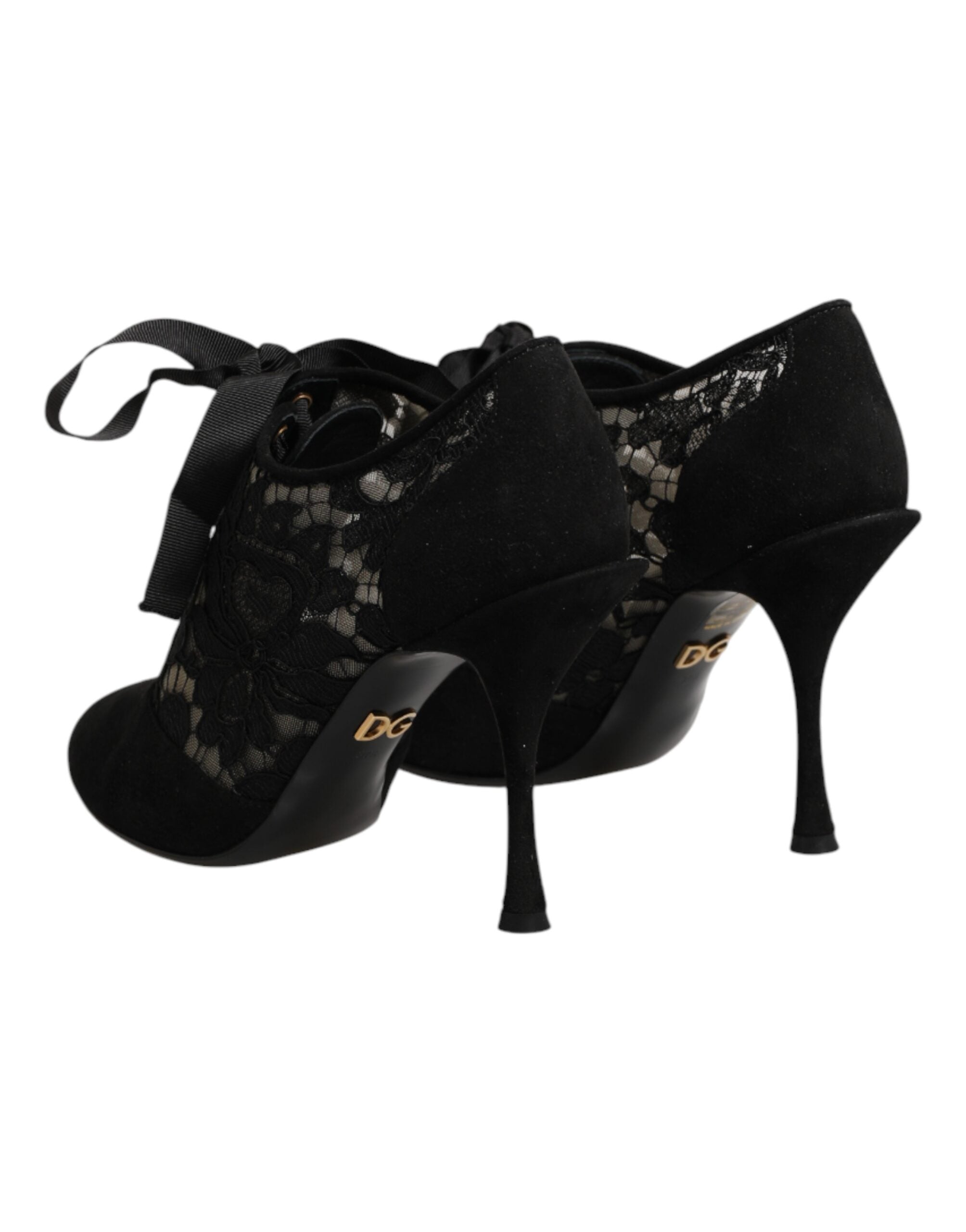 Dolce & Gabbana Black Floral High Heels LACE-UPS Pumps Women's Shoes