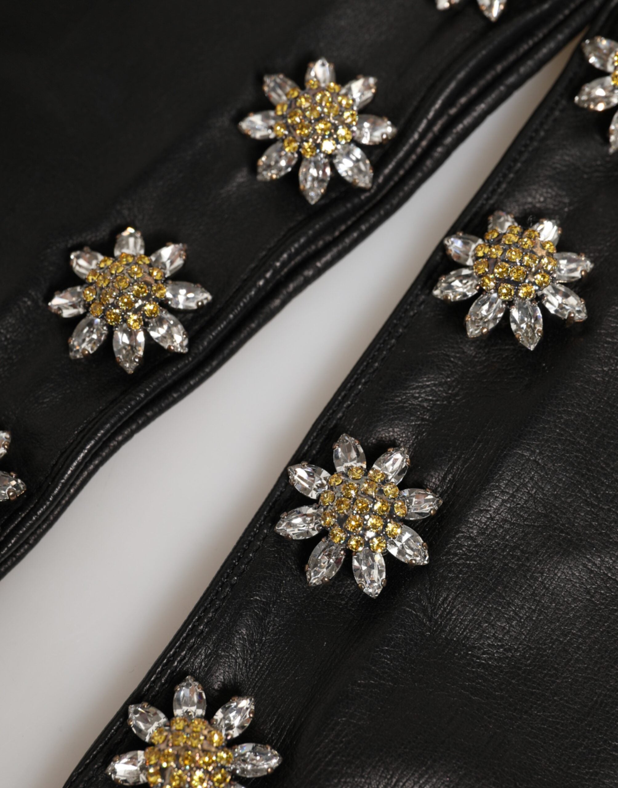 Dolce & Gabbana Black Leather Embellished Long Mitten Women's Gloves (Pre-Owned)