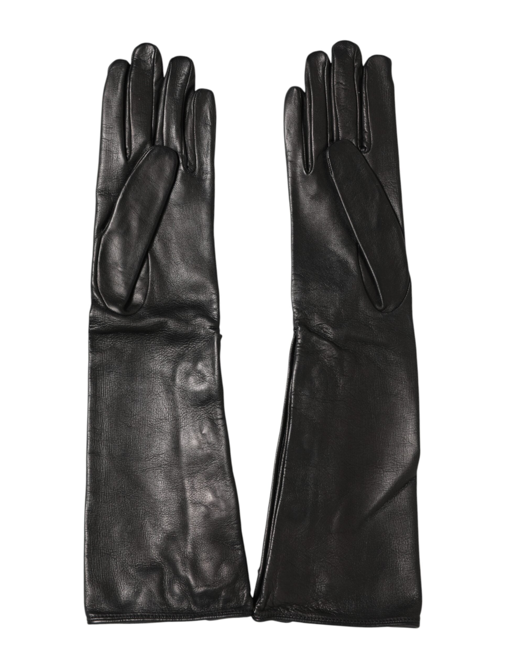 Dolce & Gabbana Black Leather Embellished Long Mitten Women's Gloves (Pre-Owned)