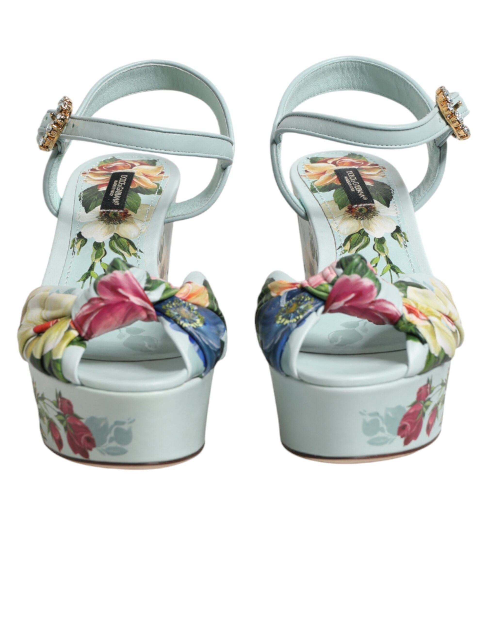 Dolce & Gabbana Green Floral Ankle Strap Wedge Sandals Women's Shoes