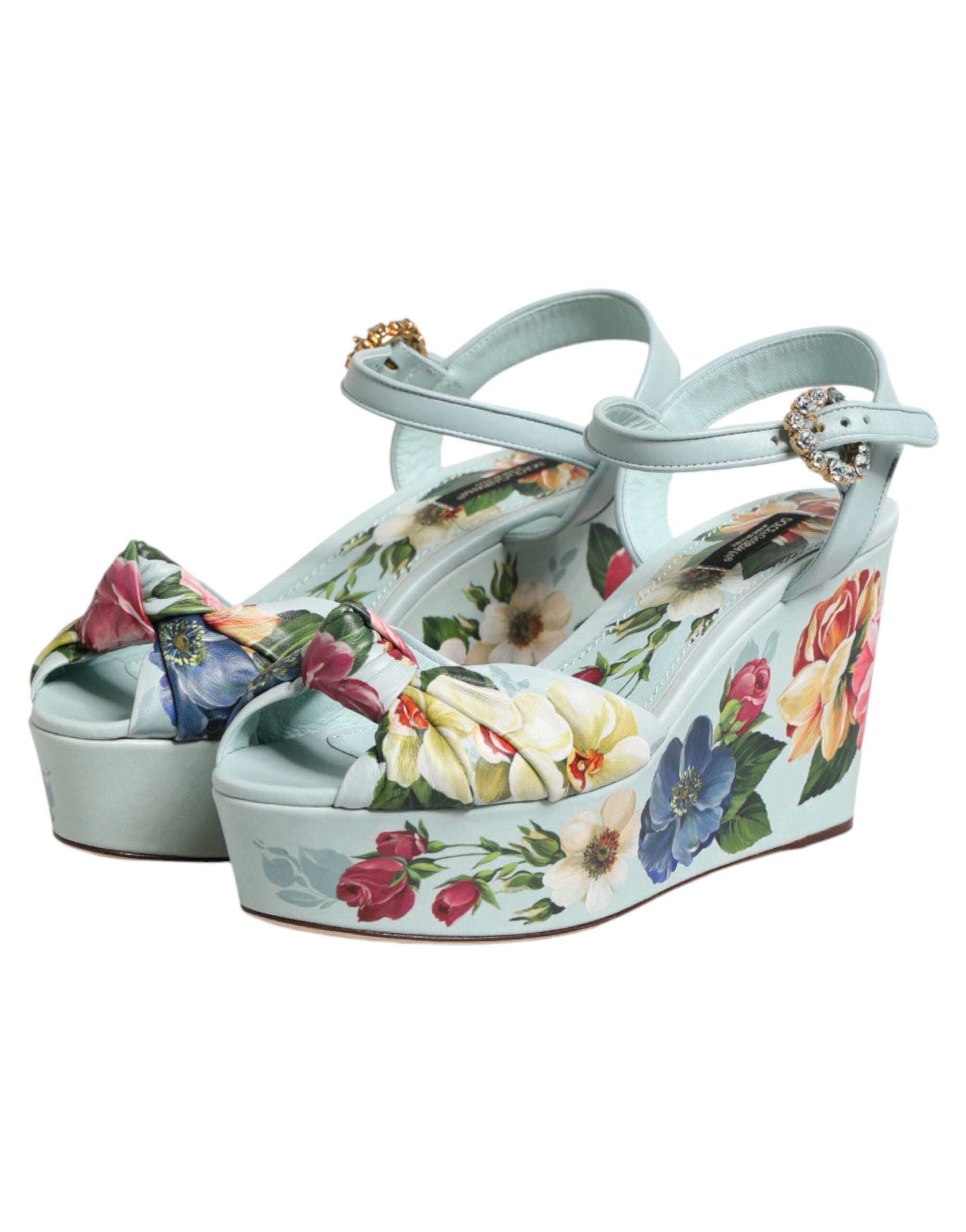 Dolce & Gabbana Green Floral Ankle Strap Wedge Sandals Women's Shoes