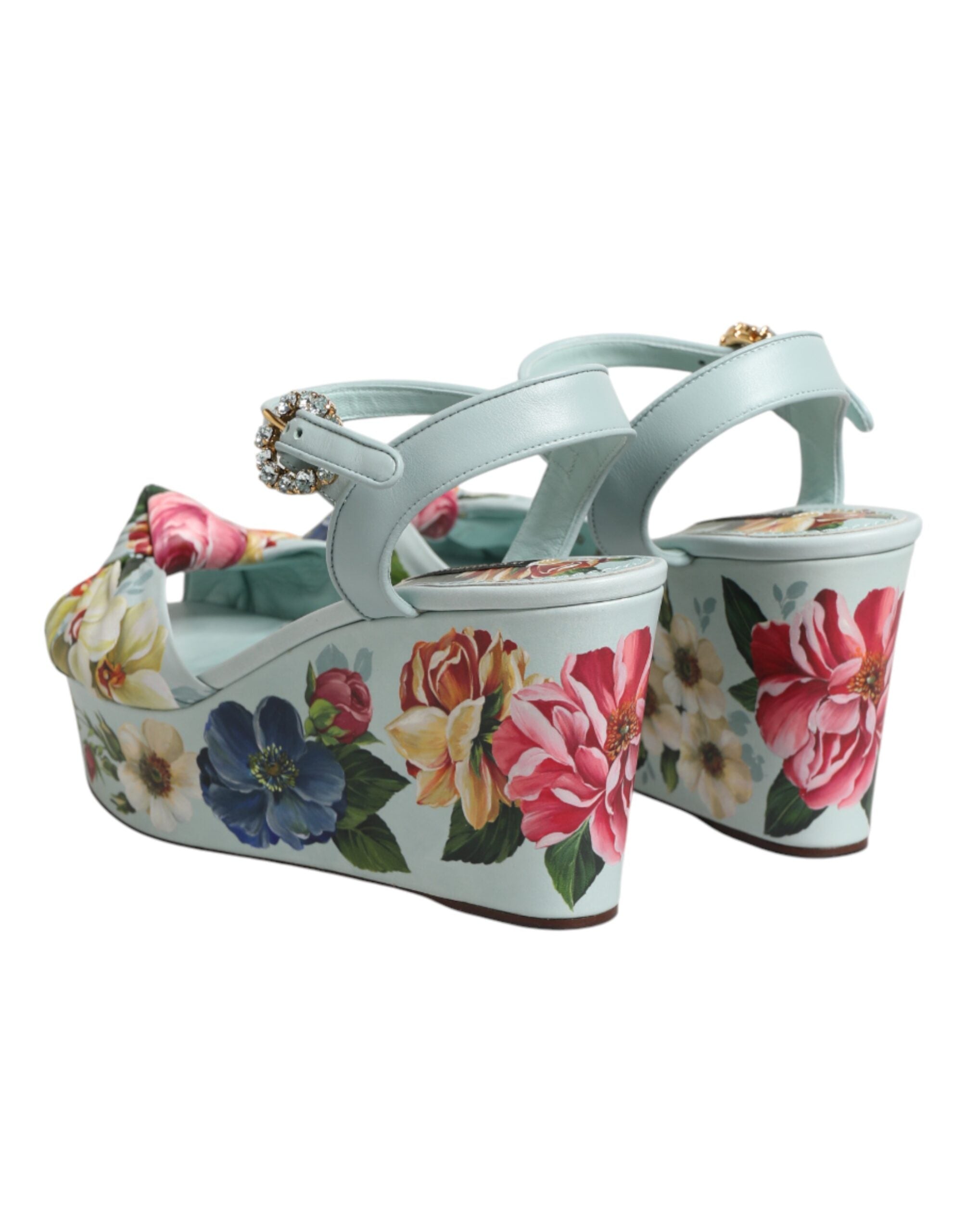 Dolce & Gabbana Green Floral Ankle Strap Wedge Sandals Women's Shoes
