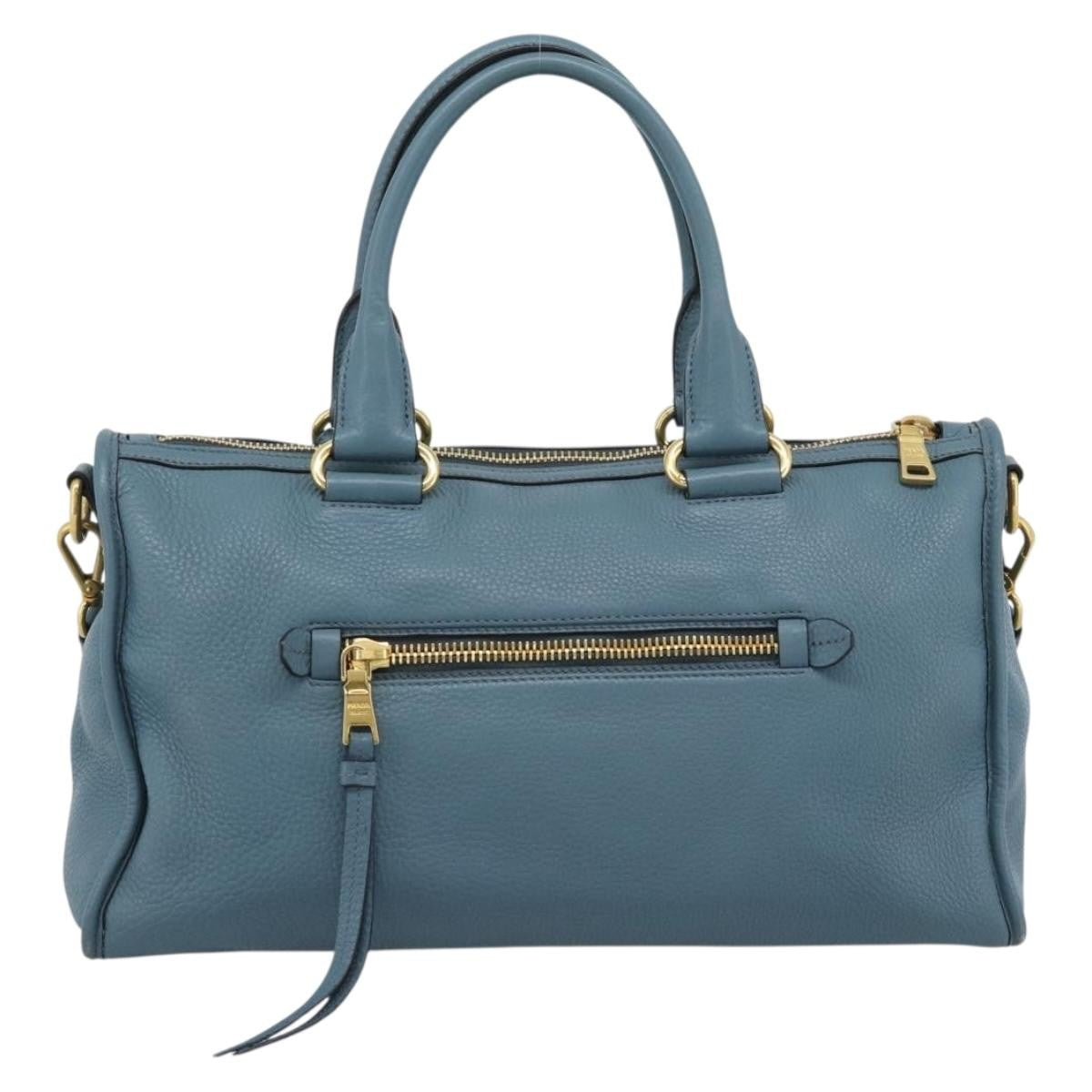 Prada Front Zip Convertible Satchel Vitello Phenix Blue Leather Handbag (Pre-Owned)