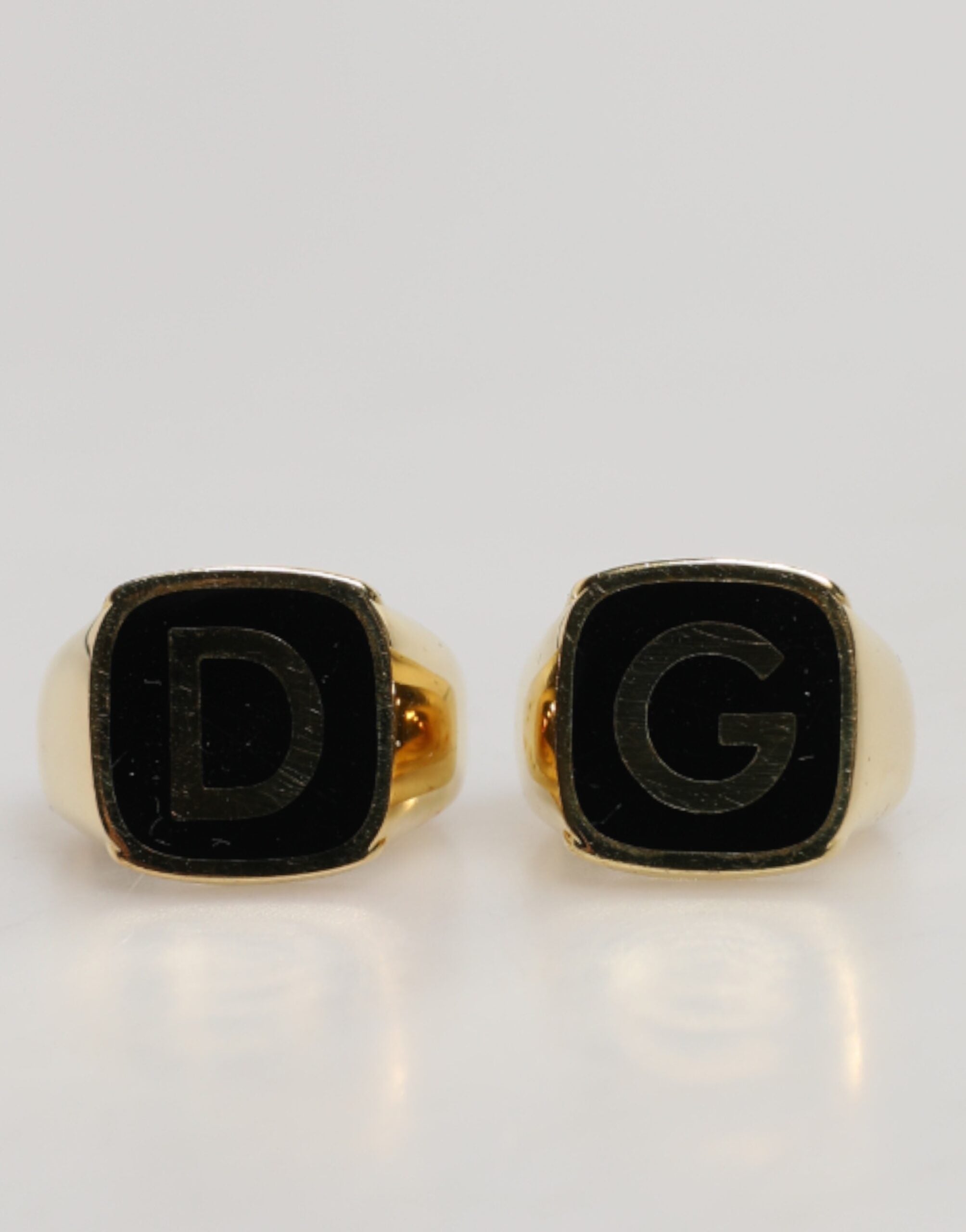 Dolce & Gabbana Gold-Tone Real Brass Black Enamel \"DG\" Adjustable Men's Rings