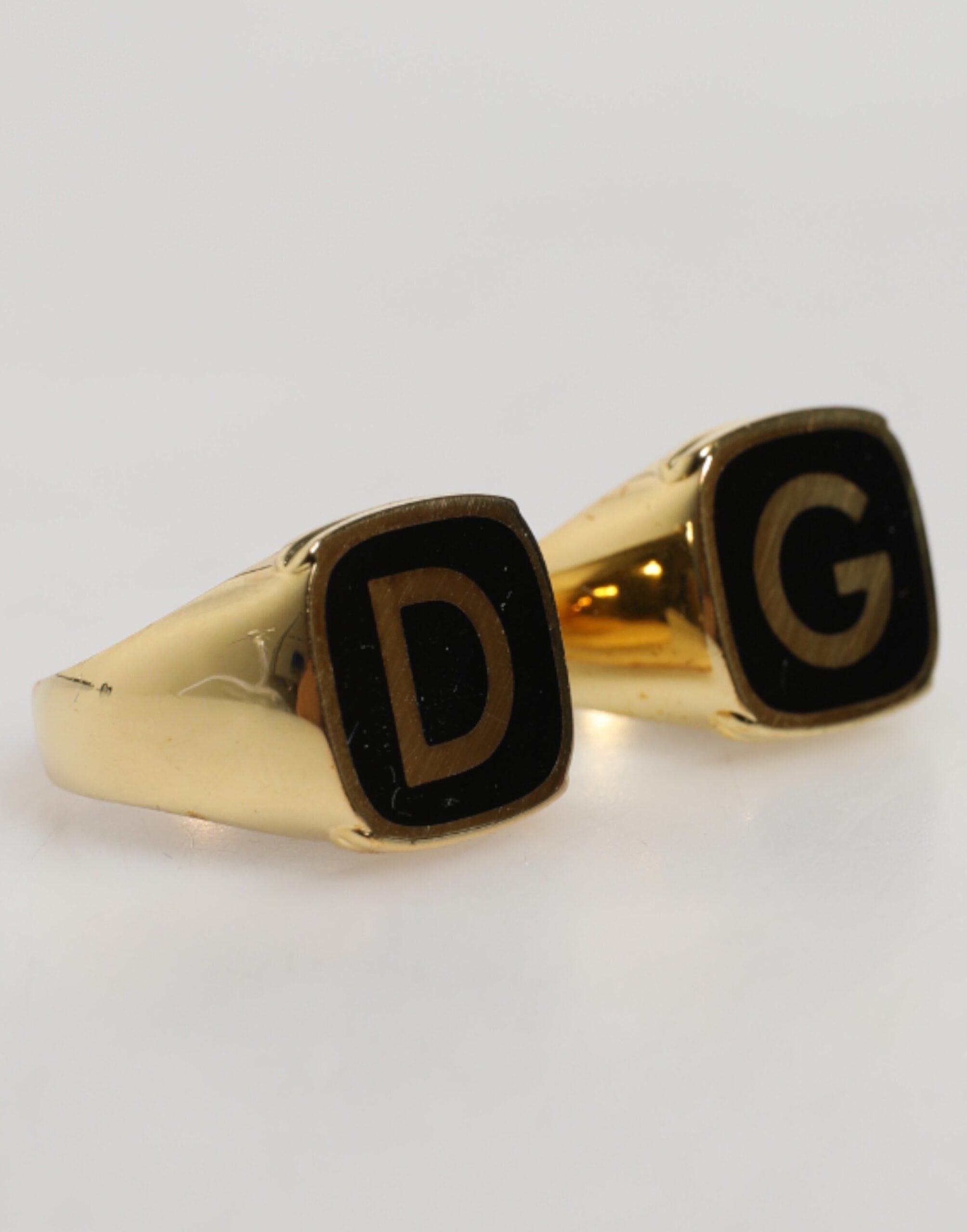 Dolce & Gabbana Gold-Tone Real Brass Black Enamel \"DG\" Adjustable Men's Rings