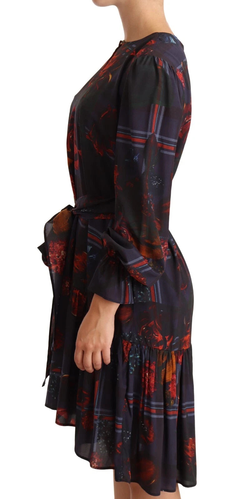 Ballantyne A-line Navy Blue Floral Silk Long Sleeve Knee Length Women's Dress (Pre-Owned)