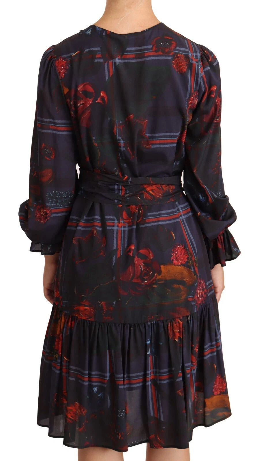 Ballantyne A-line Navy Blue Floral Silk Long Sleeve Knee Length Women's Dress (Pre-Owned)