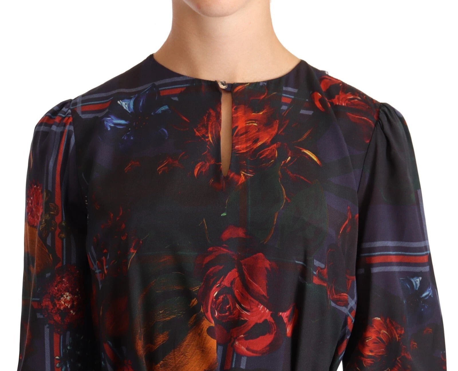 Ballantyne A-line Navy Blue Floral Silk Long Sleeve Knee Length Women's Dress (Pre-Owned)