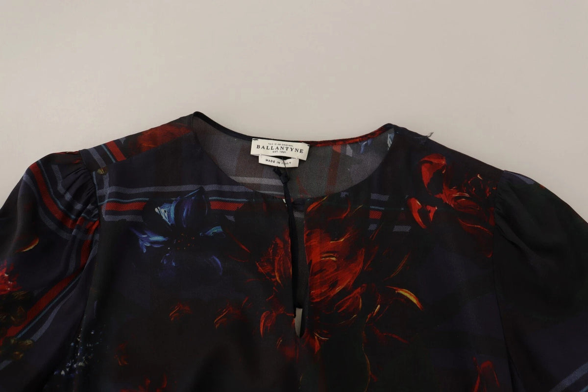 Ballantyne A-line Navy Blue Floral Silk Long Sleeve Knee Length Women's Dress (Pre-Owned)