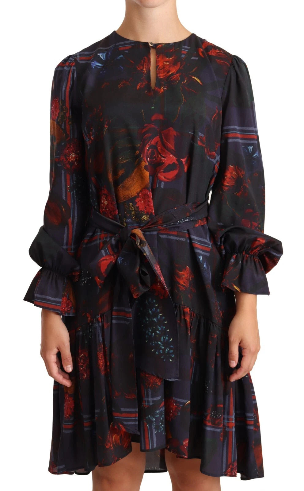 Ballantyne A-line Navy Blue Floral Silk Long Sleeve Knee Length Women's Dress (Pre-Owned)