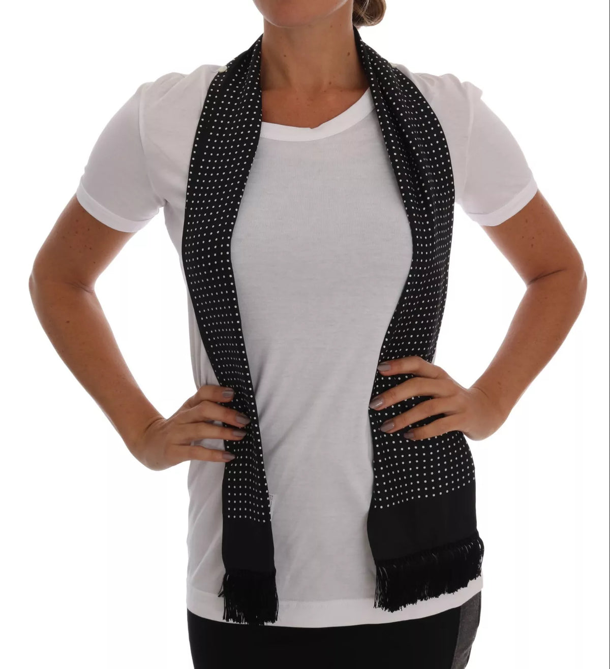 Dolce & Gabbana White Cotton Black Silk Scarf Top Women's T-shirt