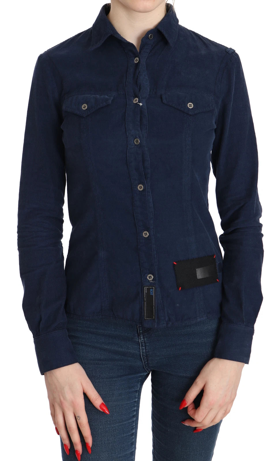 Acht Cotton Blue Corduroy Long Sleeves Shirt Top Women's Blouse