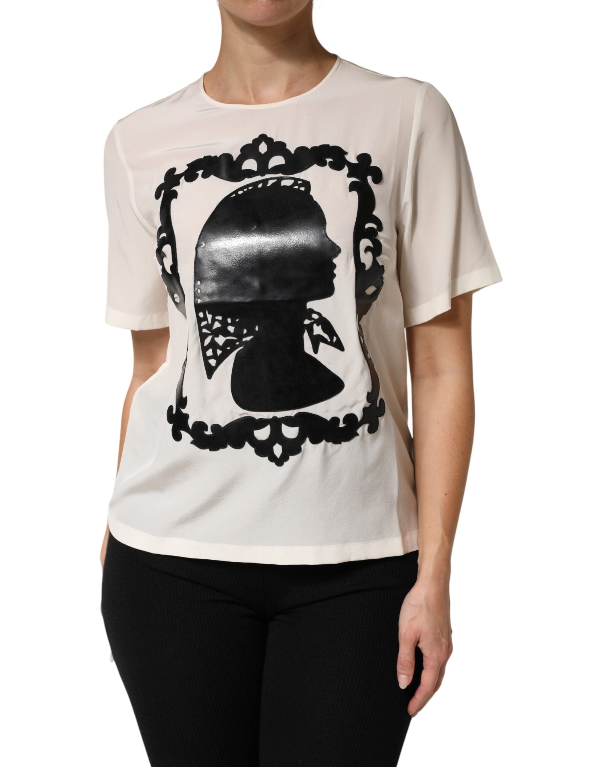 Dolce & Gabbana Cream Silk Silhouette Detail Short Sleeve Women's Top