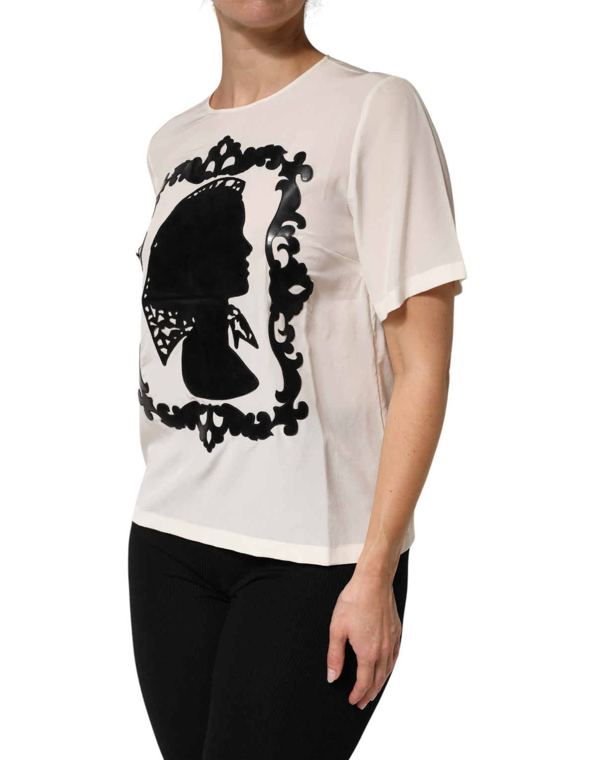 Dolce & Gabbana Cream Silk Silhouette Detail Short Sleeve Women's Top