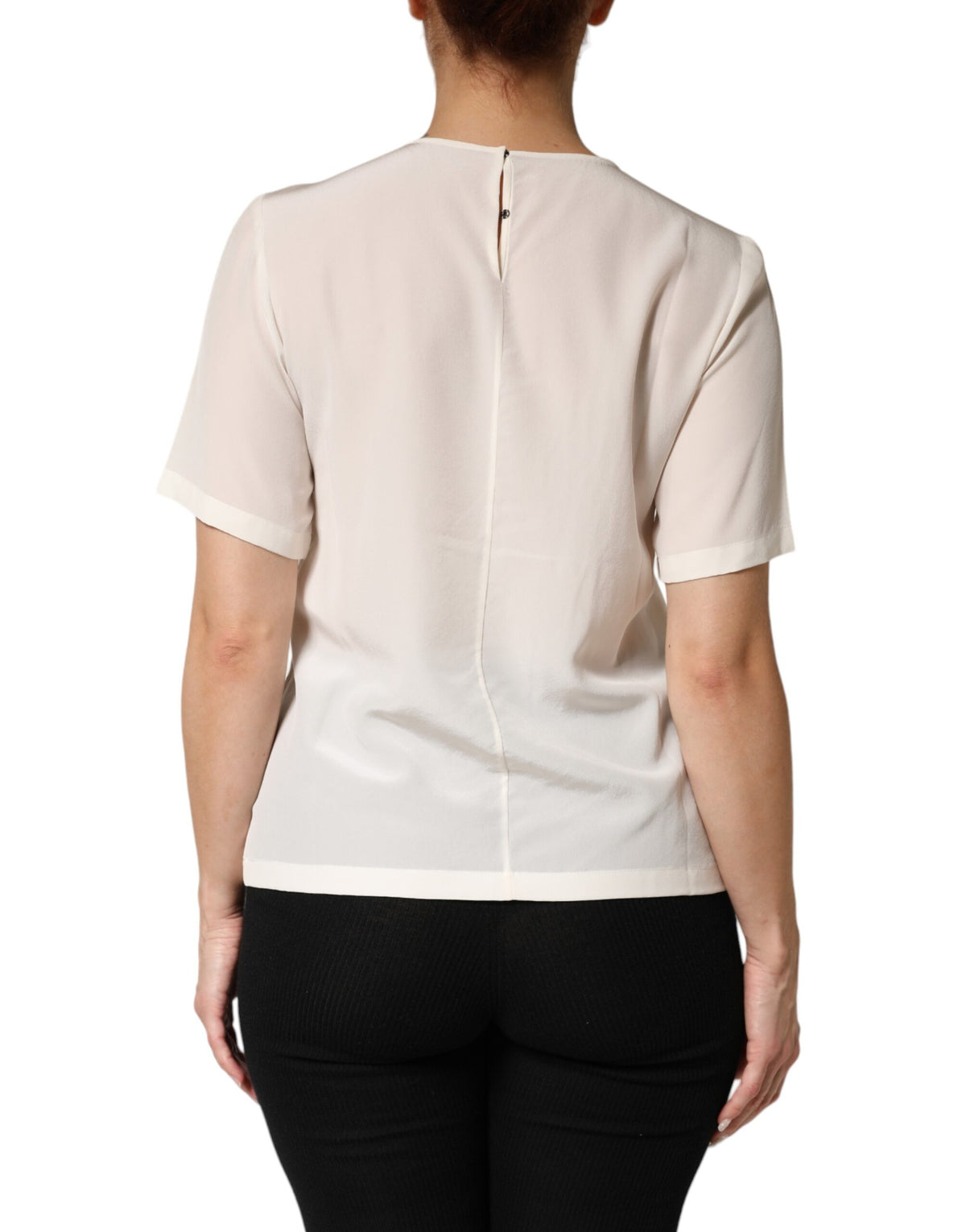 Dolce & Gabbana Cream Silk Silhouette Detail Short Sleeve Women's Top