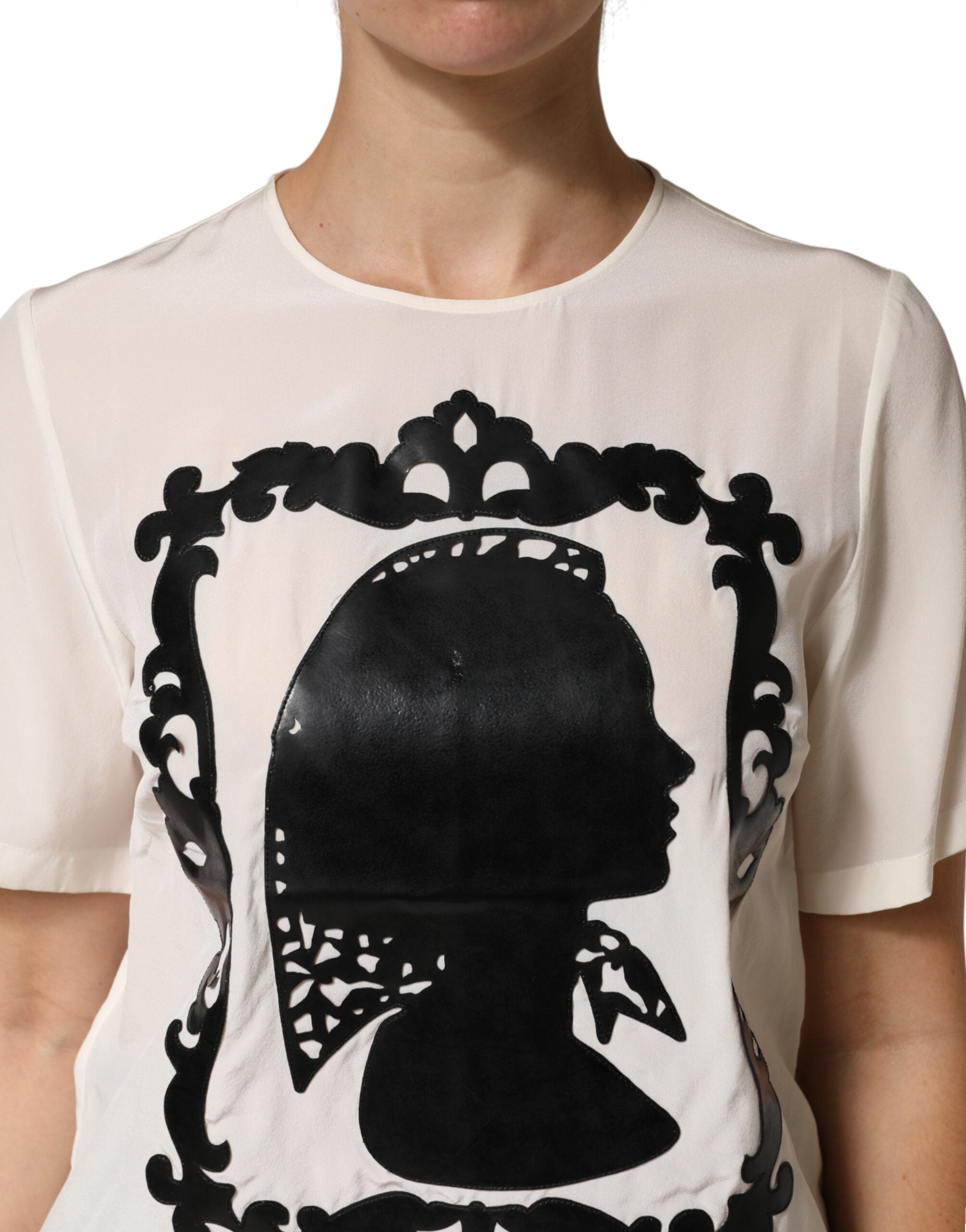 Dolce & Gabbana Cream Silk Silhouette Detail Short Sleeve Women's Top