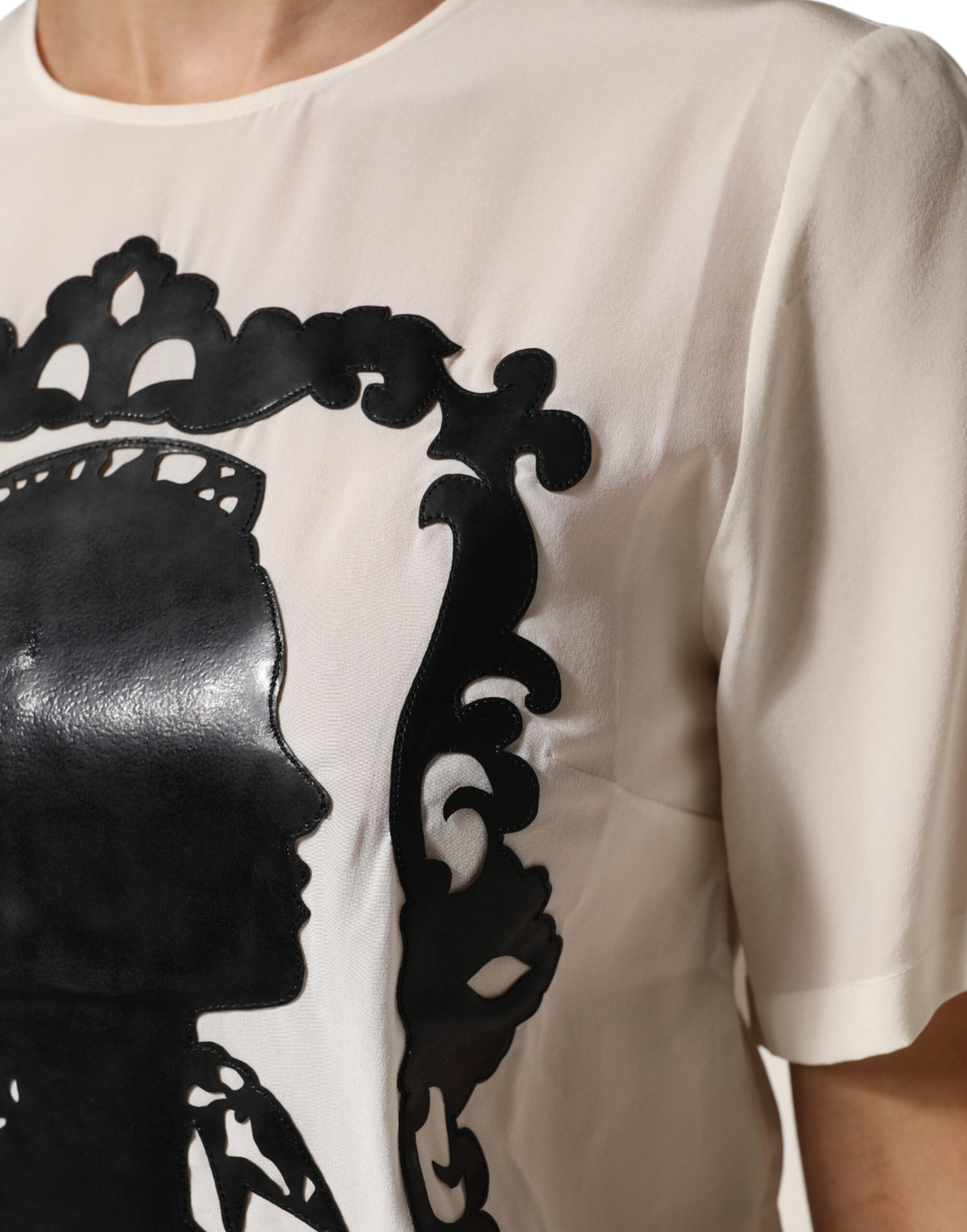 Dolce & Gabbana Cream Silk Silhouette Detail Short Sleeve Women's Top