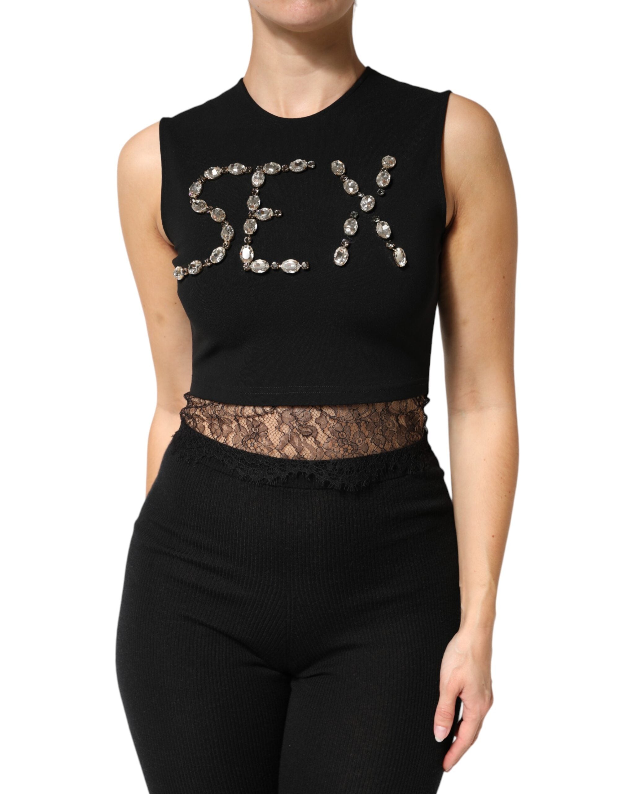 Dolce & Gabbana Black Jersey Lace Ruching Rhinestone Tank Women's Top