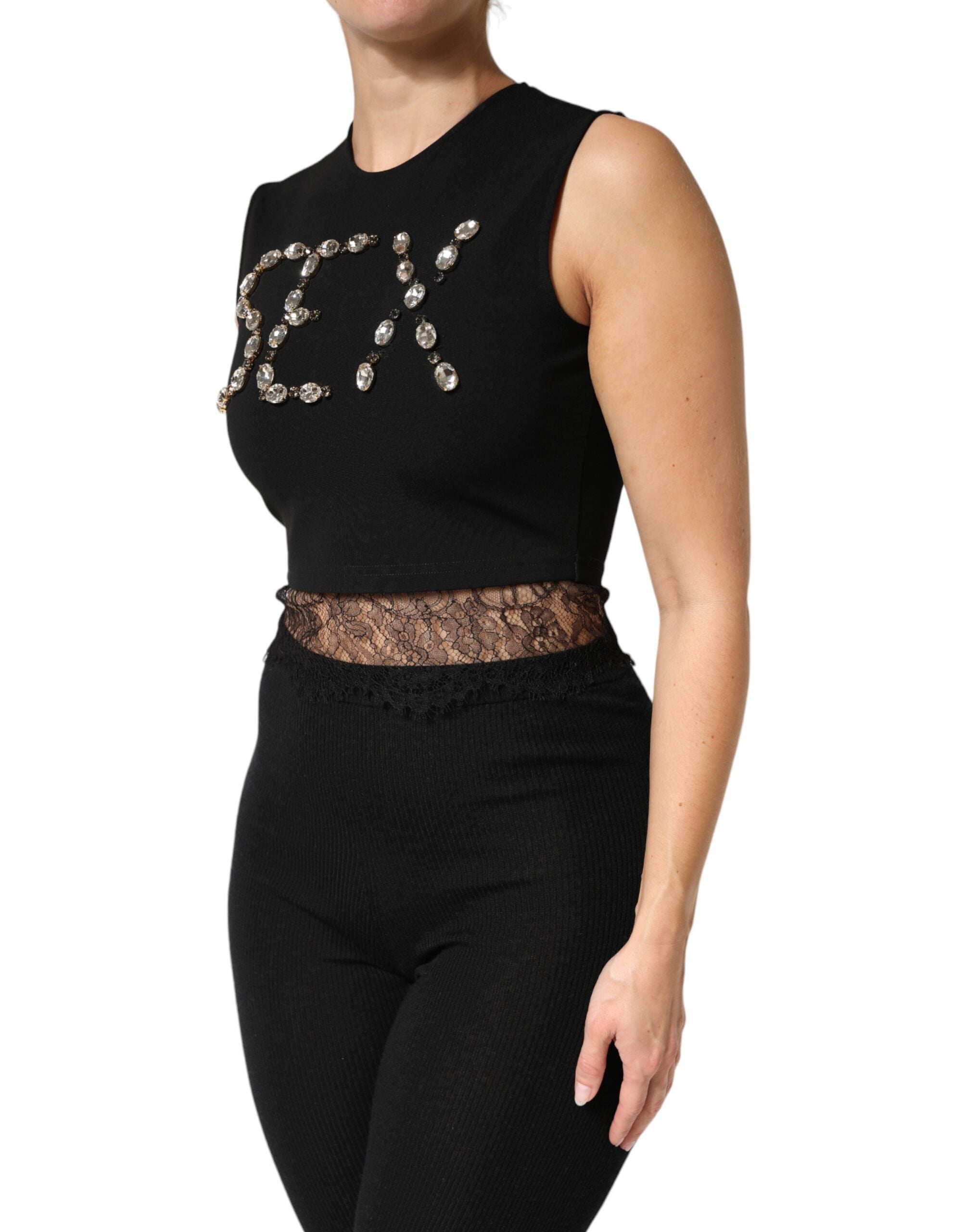 Dolce & Gabbana Black Jersey Lace Ruching Rhinestone Tank Women's Top